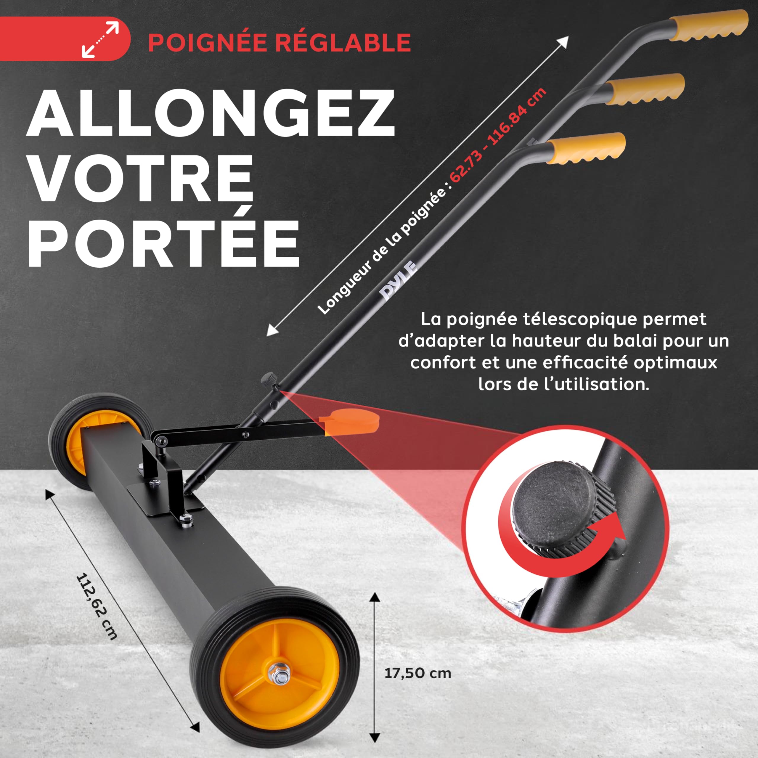 Pyle Balayeuse Magnétique Roulante 91 cm avec Manche Réglable Ramasseur de Métaux Robuste