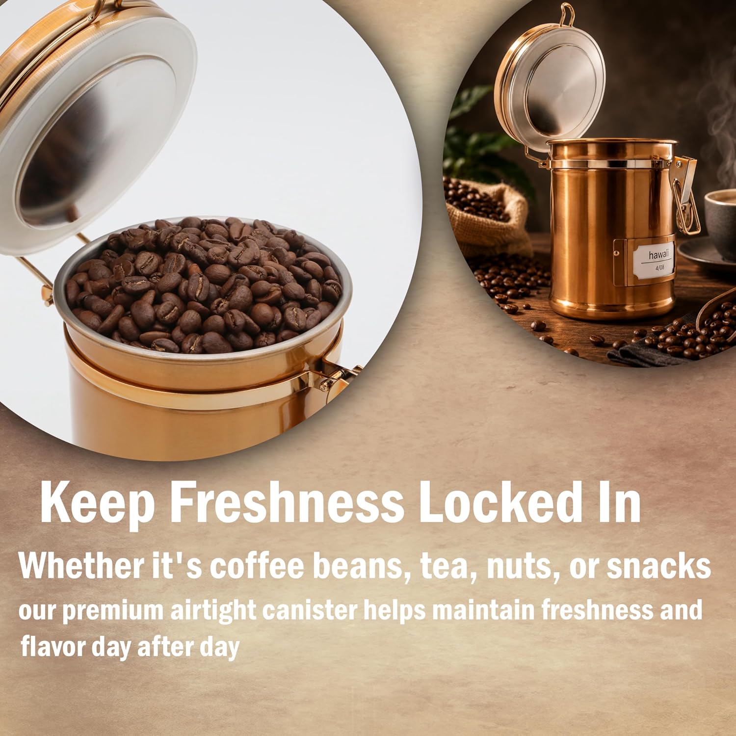 PRINCE G Airtight Coffee Canister, Light-Blocking Stainless Steel Coffee Storage Container with Scoop, 260g Coffee Bean Storage Jar, Bronze