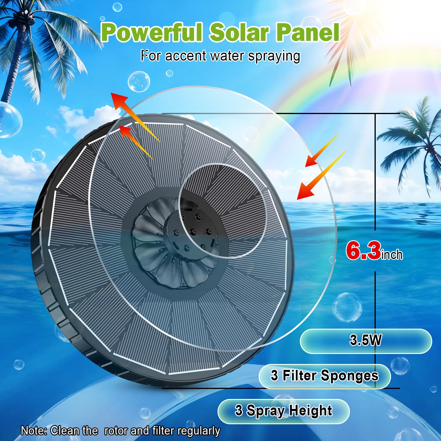 SZMP Solar Fountain with 3 Spray Height, 3.5W Glass Solar Bird Bath Fountain with 4 Adjustable Rotating Rods, and 8 Nozzles, Outdoor Solar Water Fountain Pump for Bird Bath, Garden, Pool, Pond — view 5