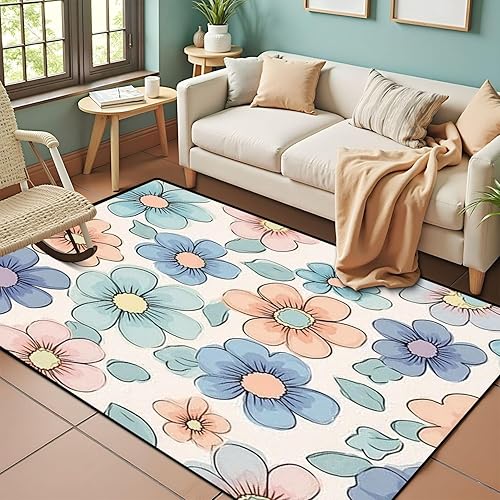 Vista 10 de Seamless Cute Retro Groovy Flowers Seventies Style Groovy Area Rug Outdoor Patio Rug Play Mat Modern Floor Carpet Non-Slip Home Decor Living Room