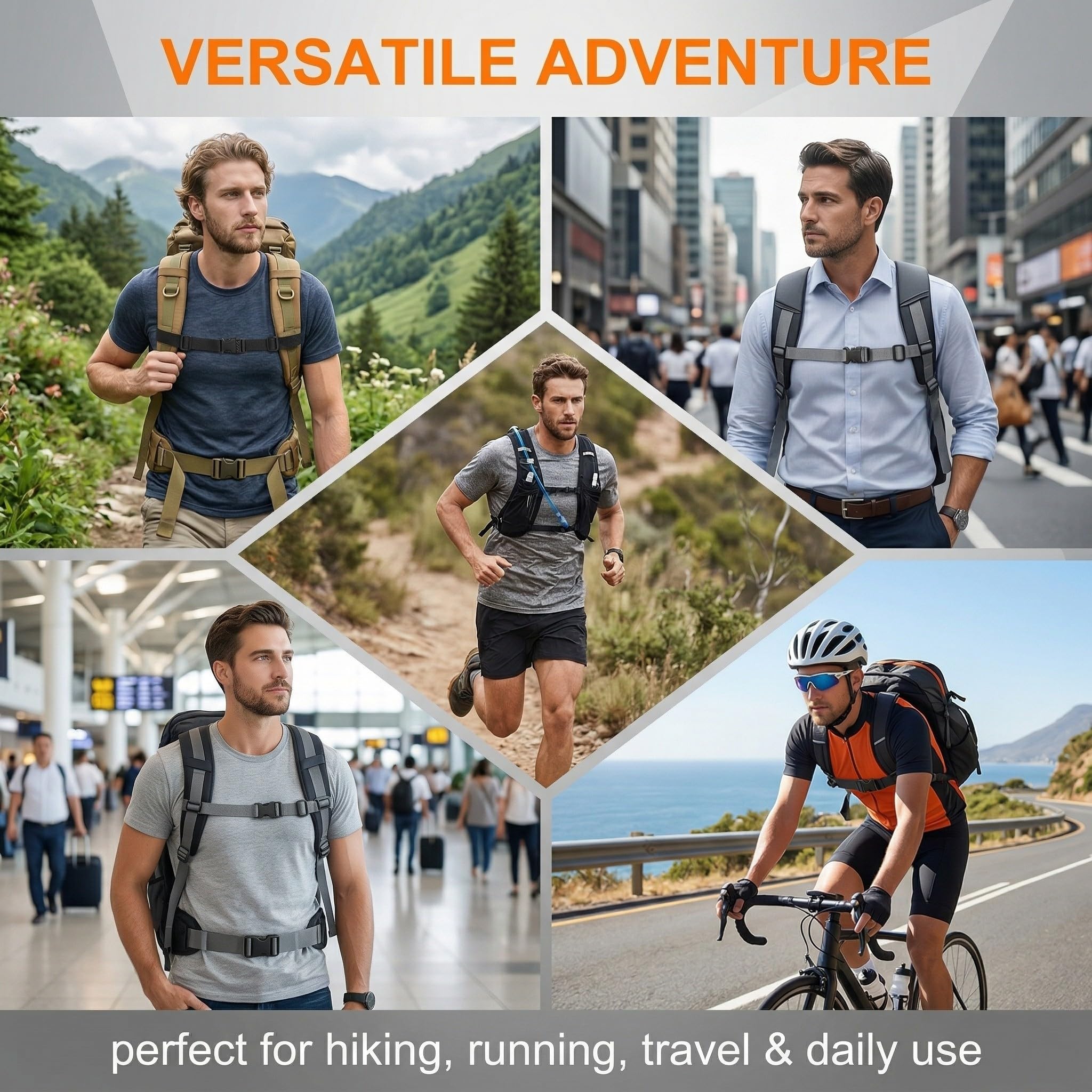 2 Pezzi Cinghie Toraciche Regolabili per Zaini, Cinghia Sternale in Nylon Antiscivolo, Riduce la Pressione, per Carichi Pesanti, Per Jogging, Escursioni, Viaggi, Arrampicata, Nero & Grigio