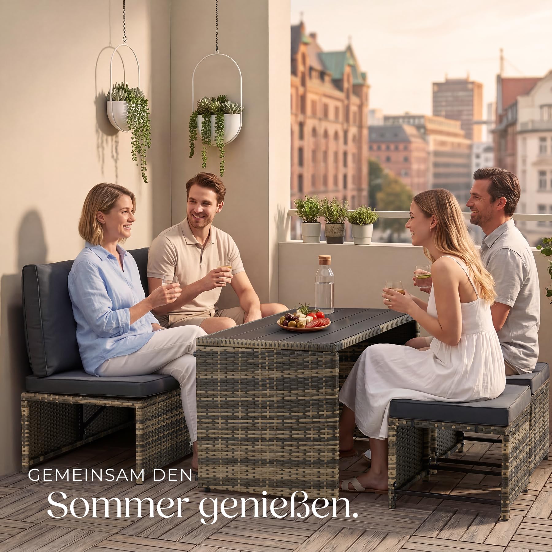 tectake® 2in1 Rattanlounge für 4 Personen, Set mit Tisch mit Schraubfüßen, Tischoberfläche in Holzoptik, Polyrattan Gartenmöbel, als Gartensofa oder Sitzgruppe, Terrassenmöbel, Outdoor Lounge – Natur
