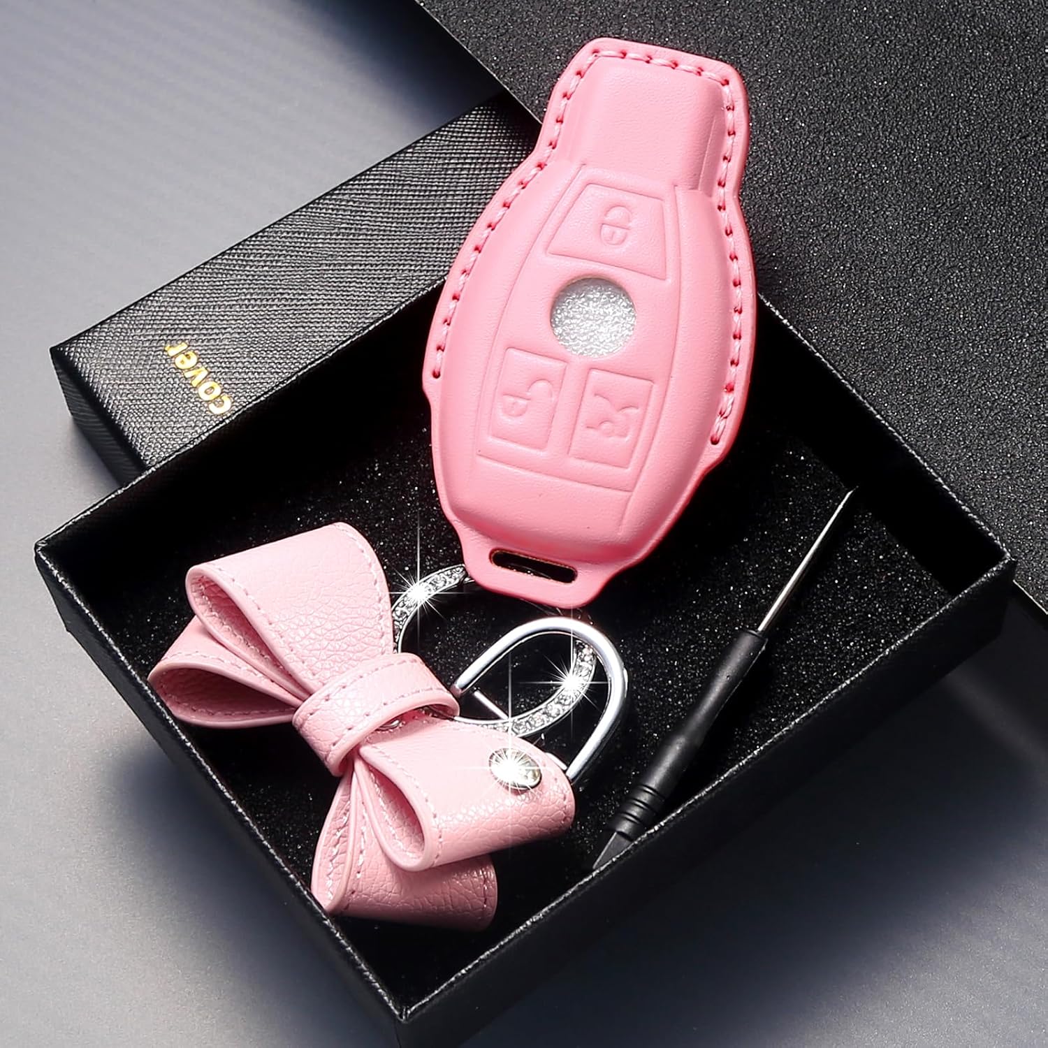 for Mercedes Benz key fob cover Genuine Leather with keychain,Compatible with Benz C E S M CLS CLK G Class Smart Key Holder