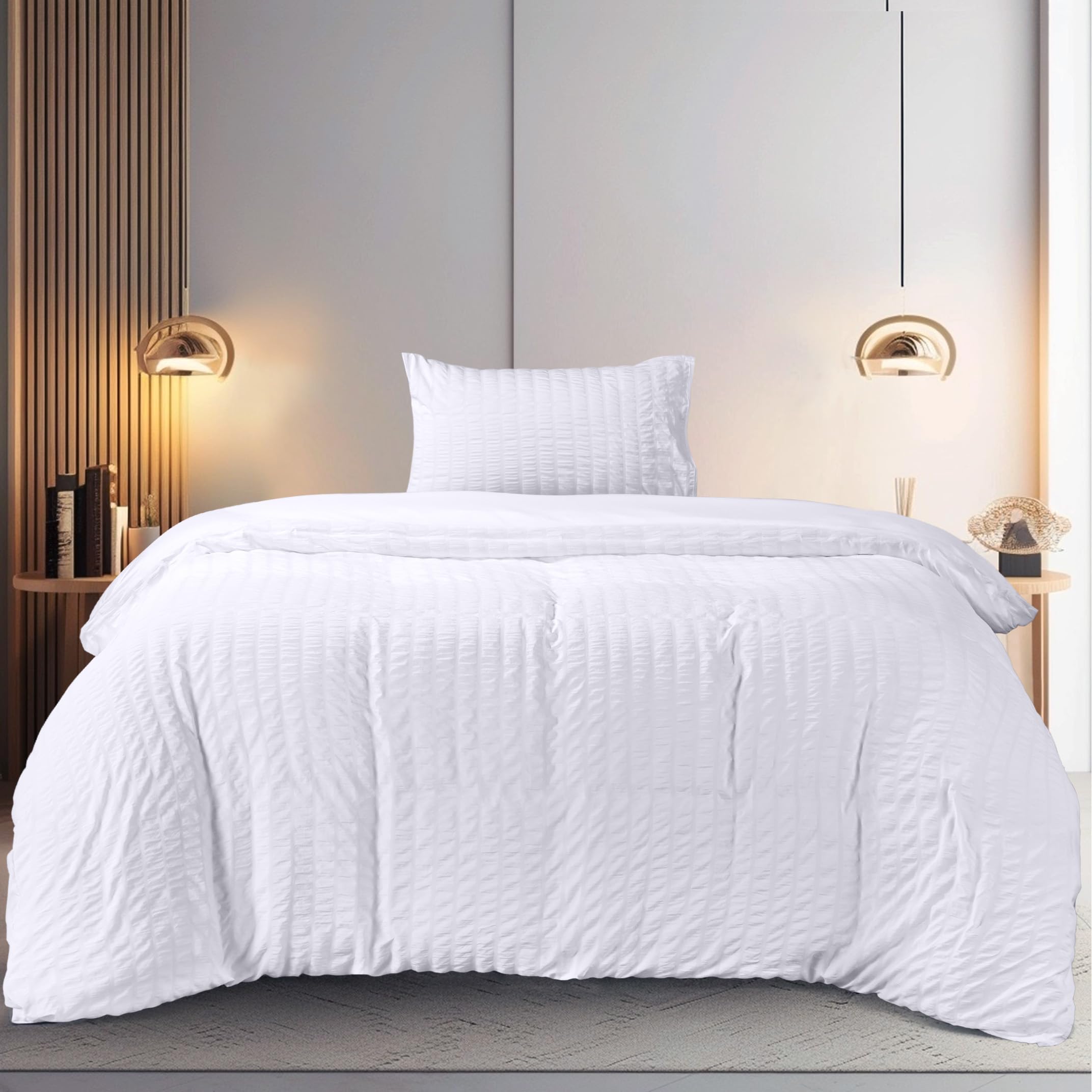 Utopia Bedding White Seersucker Duvet Cover - Single Duvet Cover Set With Pillowcase - Soft Microfibre Polyester Seersucker Bedding (White)