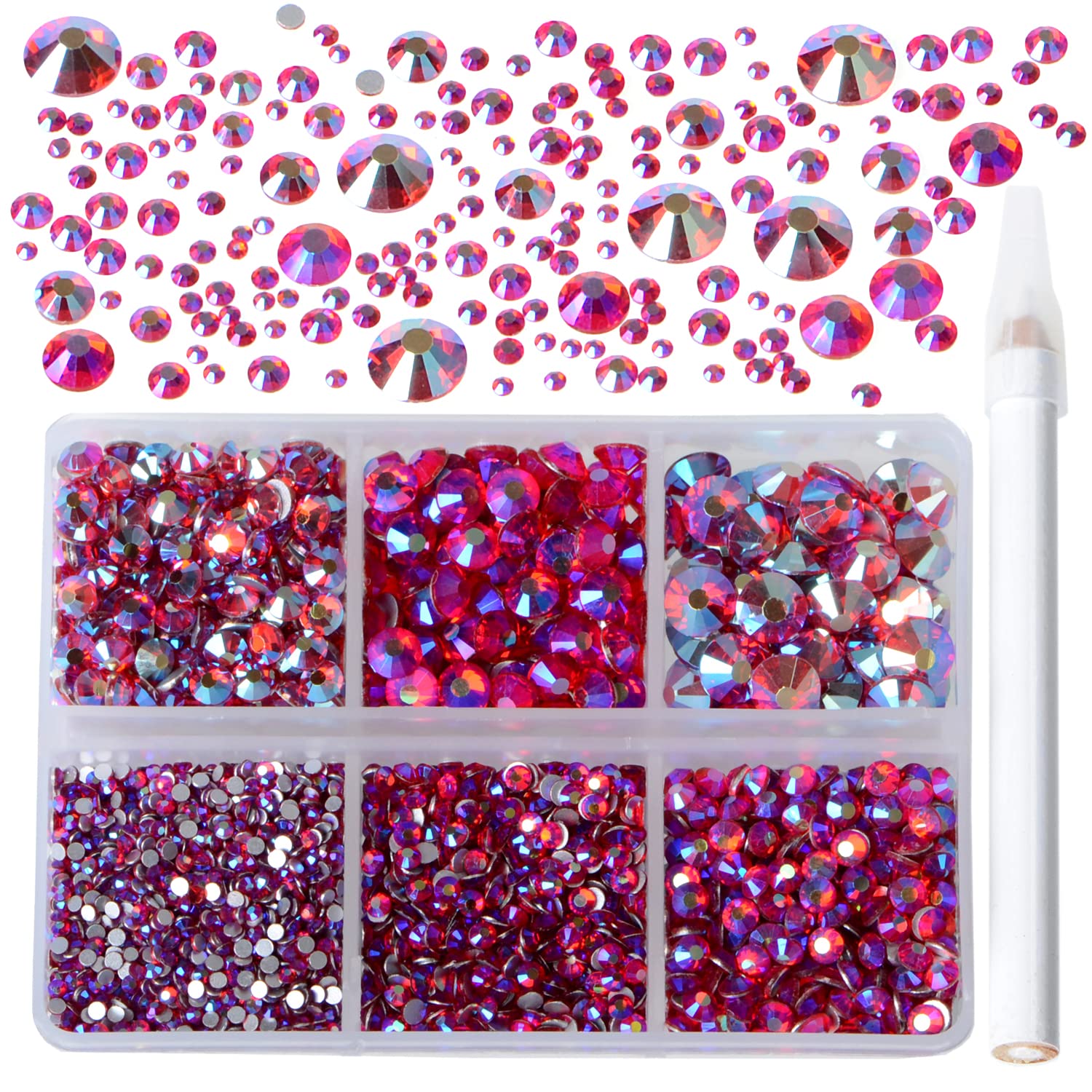 Bymitel 5000 Pieces 6 Mixed Sizes Glue Fix on Glass Rhinestones Round Crystal Gems Flatback for DIY Jewelry Making with one Picking Pen(6-Sizes 5000PCS, Siam AB)