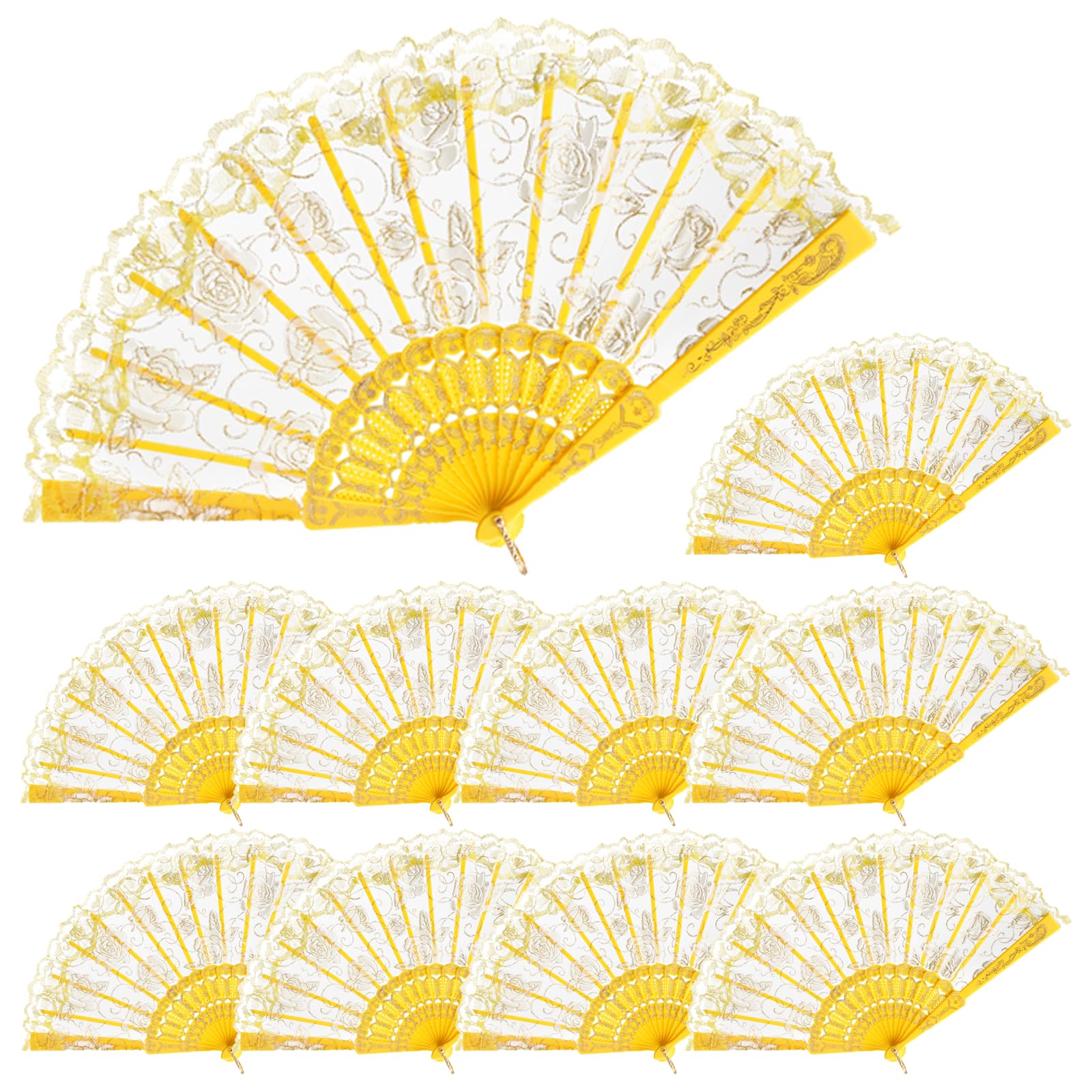 QIRMIZI 30pcs Silk Folding Hand Fans,Silk Fans,Yellow Rose Fans,Perfect for Weddings, Parties, and Dancing,Yellow