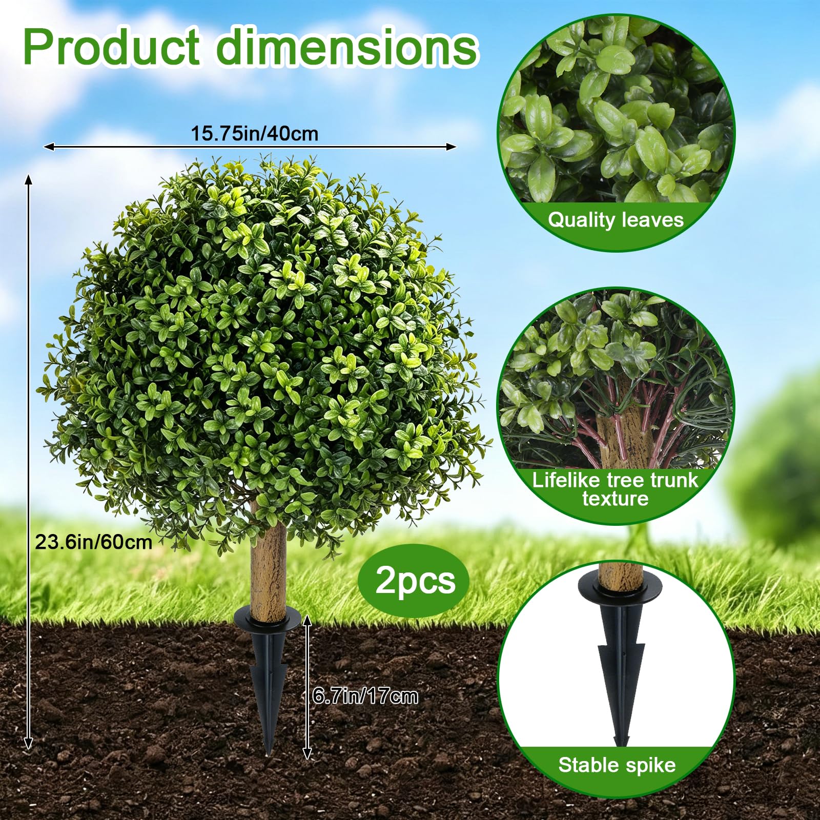 2 Piezas Bola de Boj Artificial 60 cm Plantas Artificiales Exterior Resistentes UV Topiarios Artificiales Realista con Esquejes para Deco Exterior Jardin Balcón, Verde