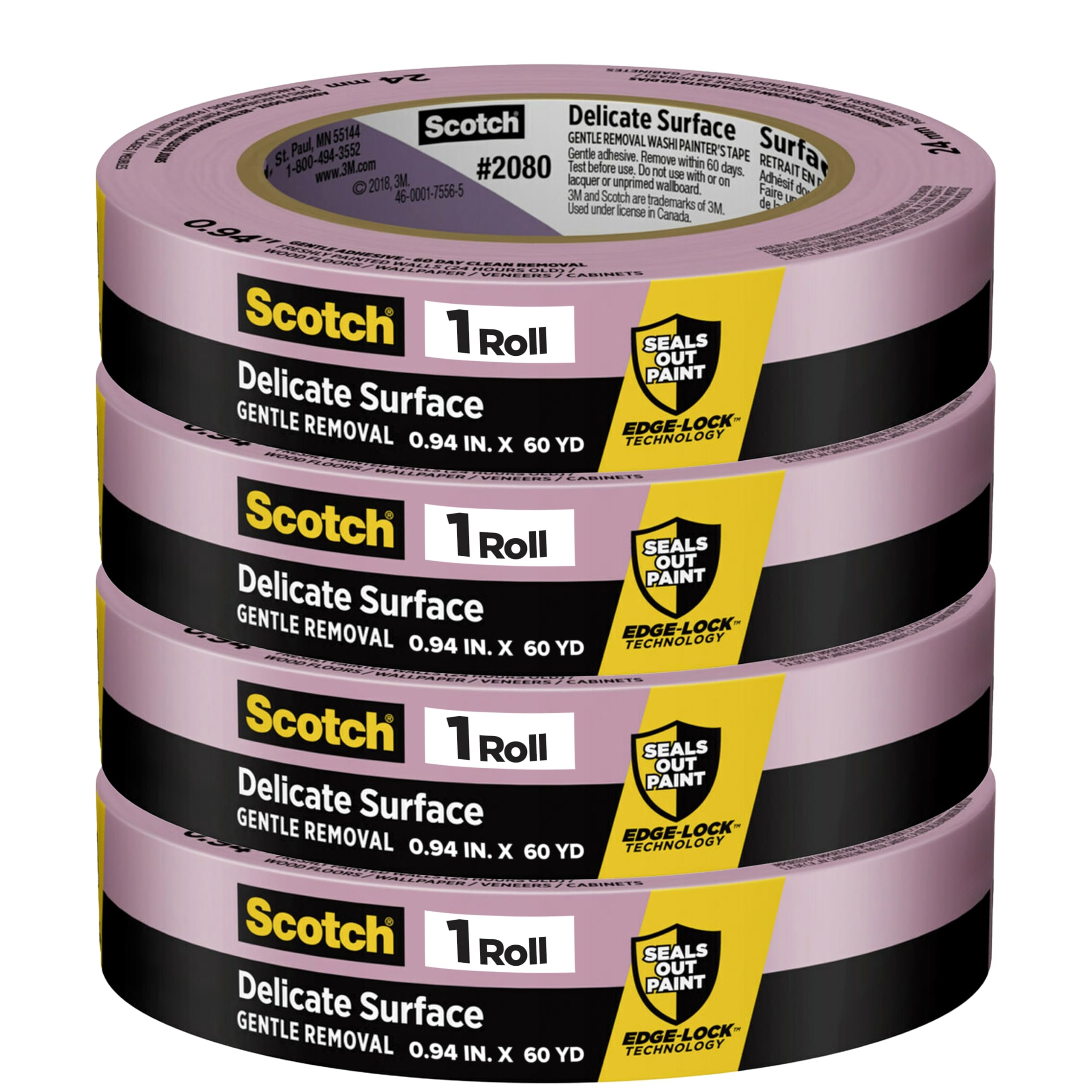 Scotch-Blue 2080 Safe-Release Delicate Surfaces Painters Masking Tape , 19 lbs/in Tensile Strength, 60 yds Length x 1" Width, Blue (Pack of 4)