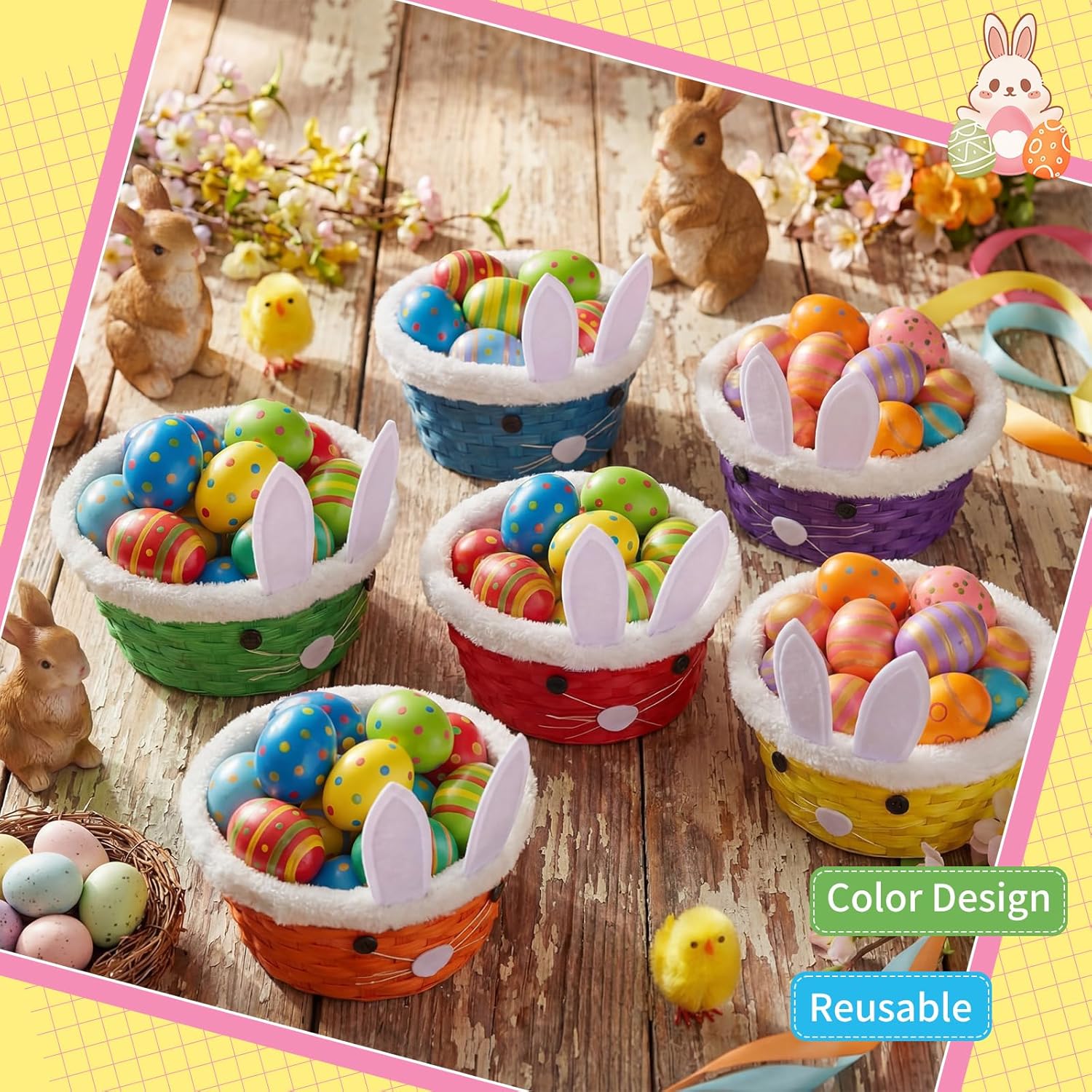 Didaey 6 Pcs Wicker Easter Basket with Rope Handles Woven Bamboo Easter Basket with Grass Raffia Filler Cute Rabbit Picnic Hamper for Egg Hunt Party Gifts (Rainbow)