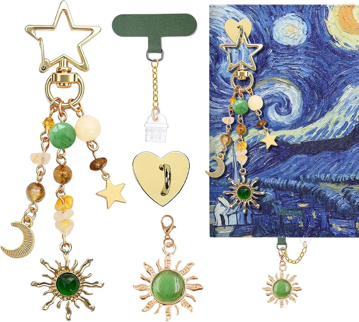MemeChic Sun Moon Metal Charm for E-Reader with Adhesive Sticker, Colorful Star Beads & Gemstone Pendant, Y2K Purse Charm for Handbag Backpack Phone, Ideal for Book Lovers Women