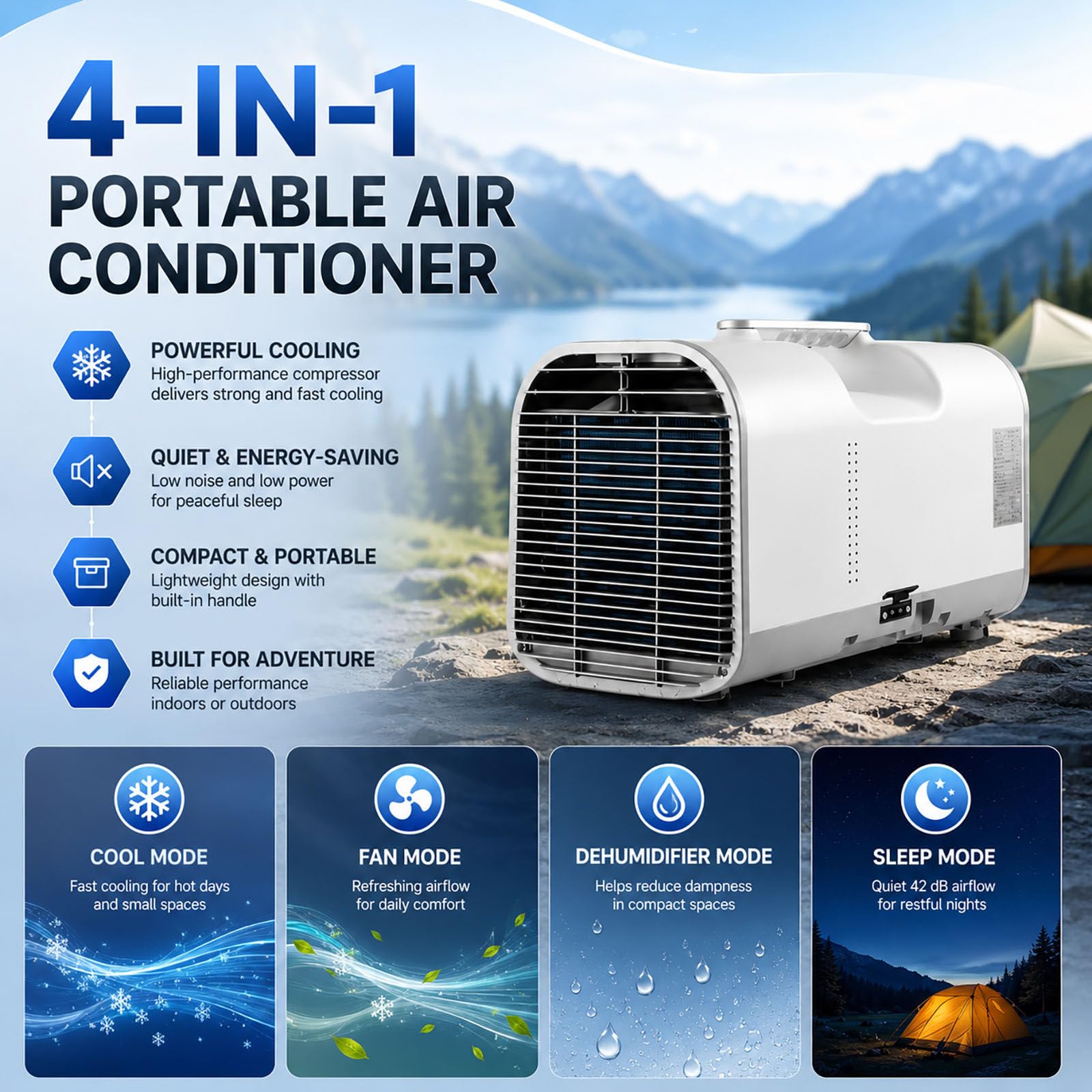 Przenośny klimatyzator, mobilny klimatyzator typu monoblok 220 V 4500BTU | Szybkie chłodzenie ze zdalnym sterowaniem – do sypialni, akademików, namiotów, kamperów, vanów kempingowych