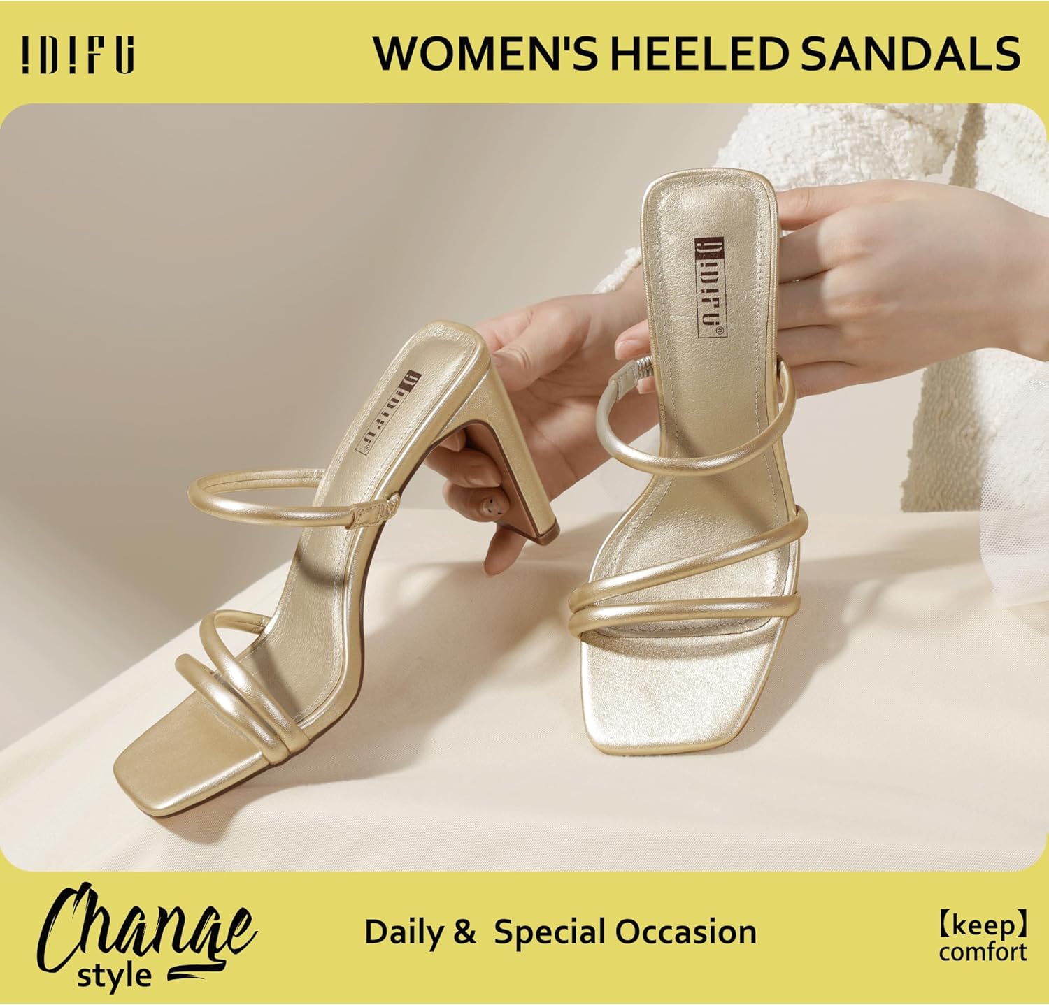 IDIFU IN3 High Heels Strappy Chunky Block Heels Square Toe Three Strap Slip On Heels Comfortable Slides Heeled Sandals Sexy Wedding Party Dress Shoes Open Toe Mules Heels for Women - Image 4