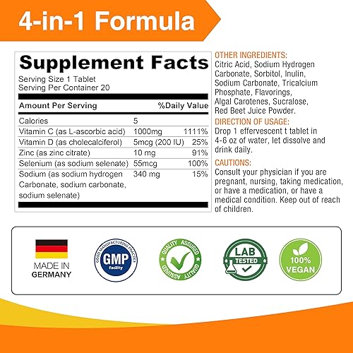 Miniatura 8 de LOVITA Comprimidos efervescentes de apoyo inmunológico 4 en 1 de defensa de vitamina C, 20 unidades, VIT D3, zinc, selenio, soporte antioxidante,