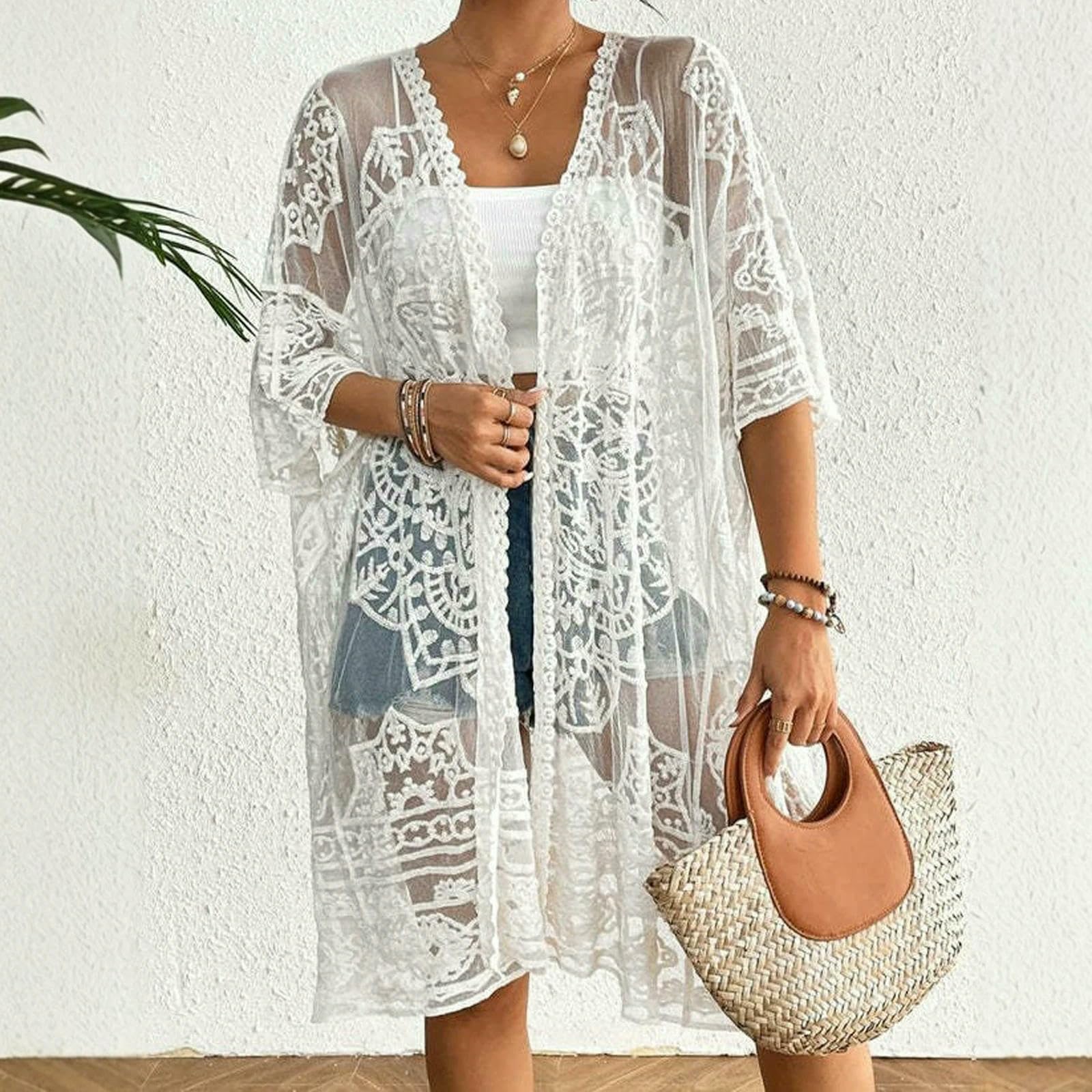 Sukienka plażowa bikini okrycie damskie koronkowe okrycie w stylu boho, sarong, spódnica 3, 4 rękawy, otwarty przód, szydełkowane, kimono, kardigan, różowy, jeden rozmiar