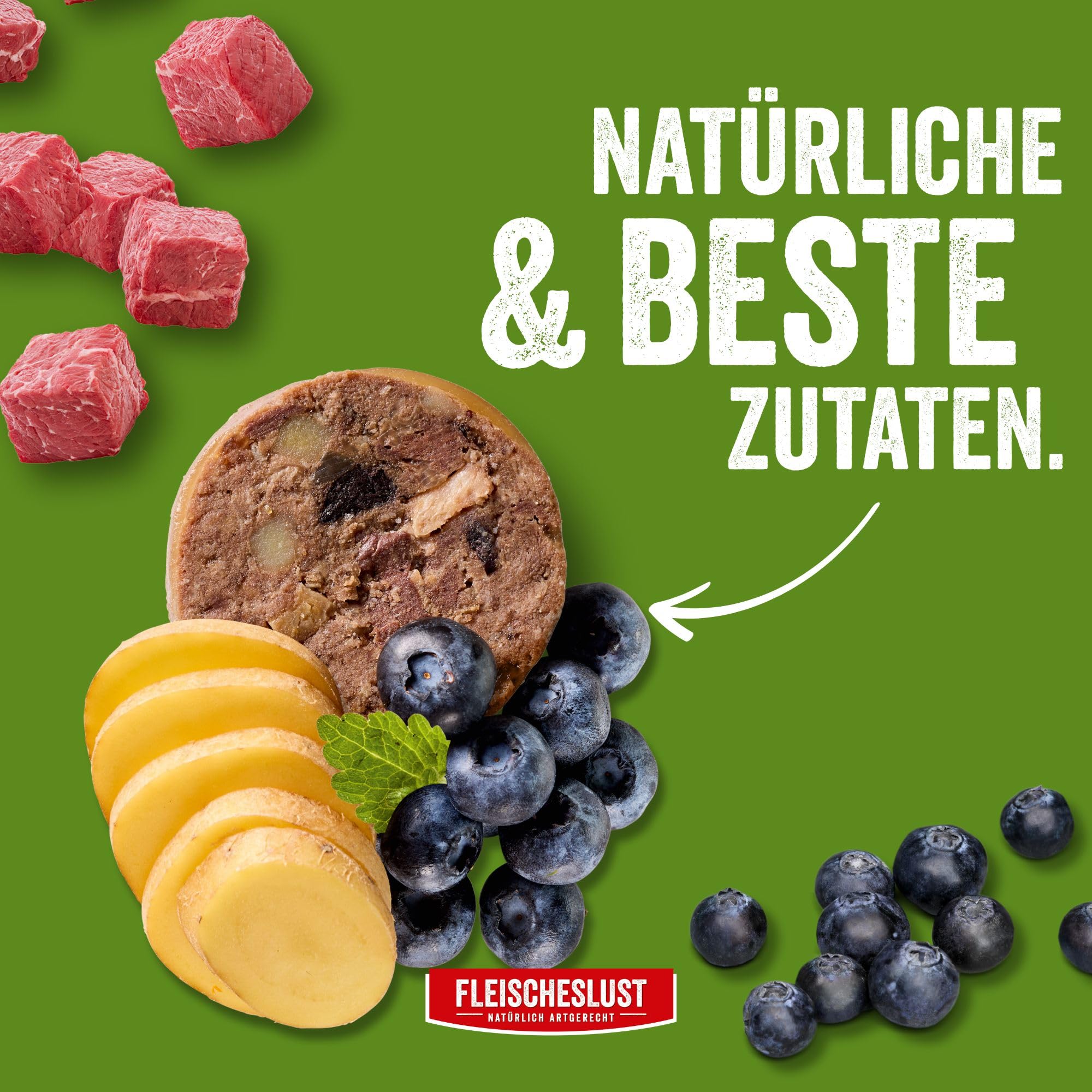Fleischeslust Salchichas para perros, caza y ternera con patatas y arándanos, 6 x 800 g, comida húmeda, resistente a los cortes, sin cereales, pienso completo para perros adultos