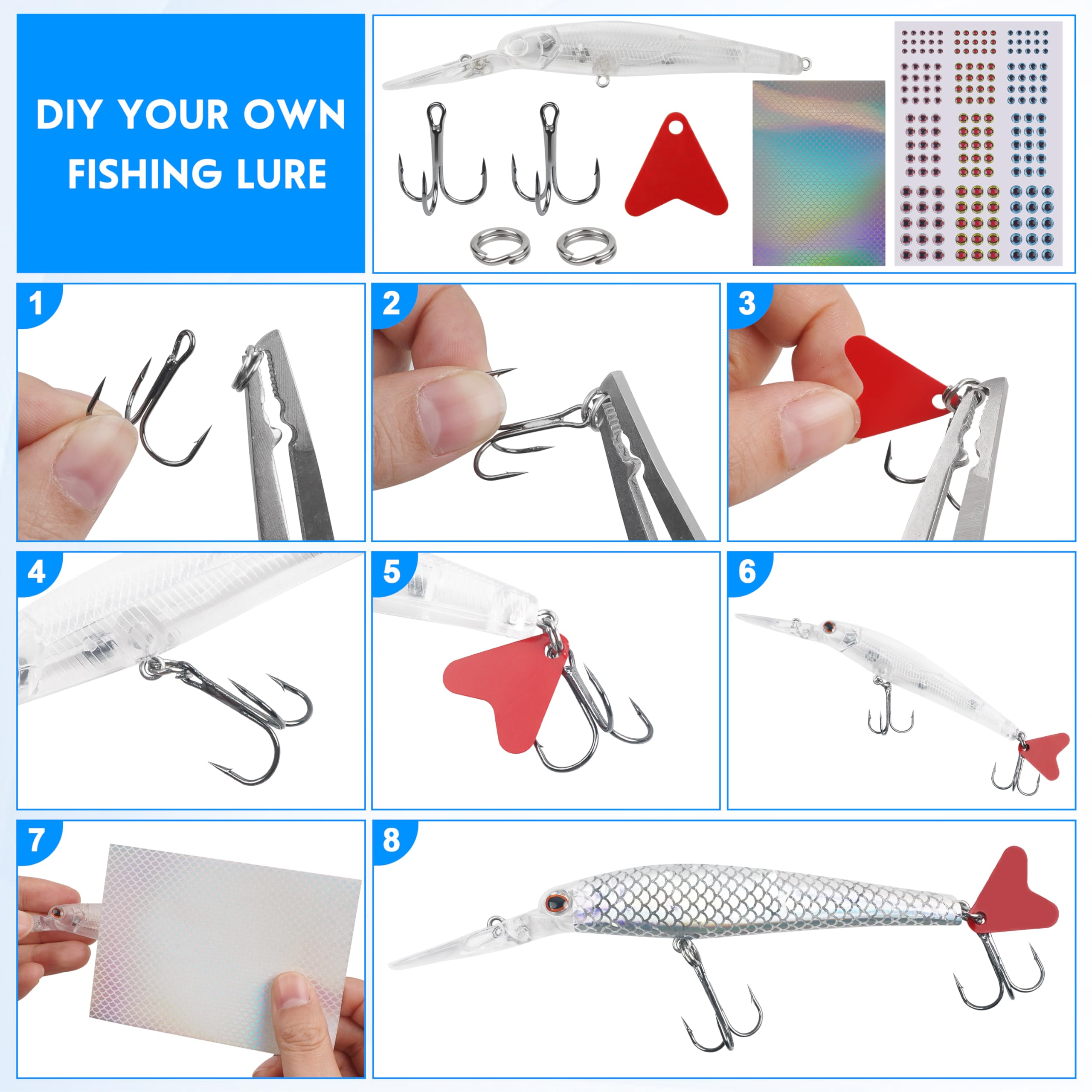 Kit de fabrication de leurres de pêche non peints - Leurres vierges - Avec hameçons triples - Anneaux fendus - Autocollants pour faire vos propres leurres de pêche
