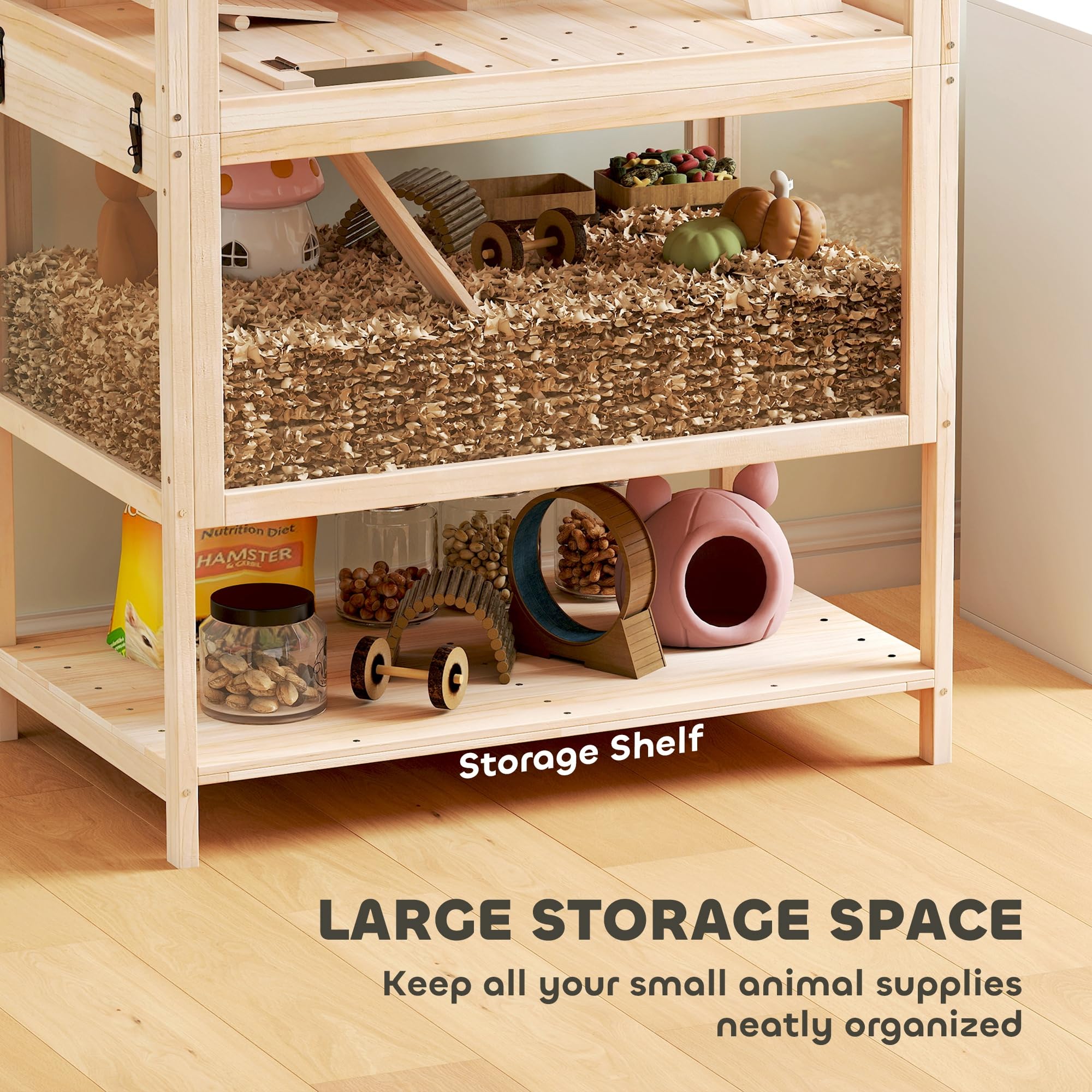 PawHut Hamsterkäfig aus Holz 3 Etagen 80 x 53 x 117 cm Nagerkäfig Kleintierkäfig mit abnehmbar Boden Ablage Laufrad Wippe Rampe Wasserflasche Hütte Mäusekäfig für Zwerghamster Naturholz