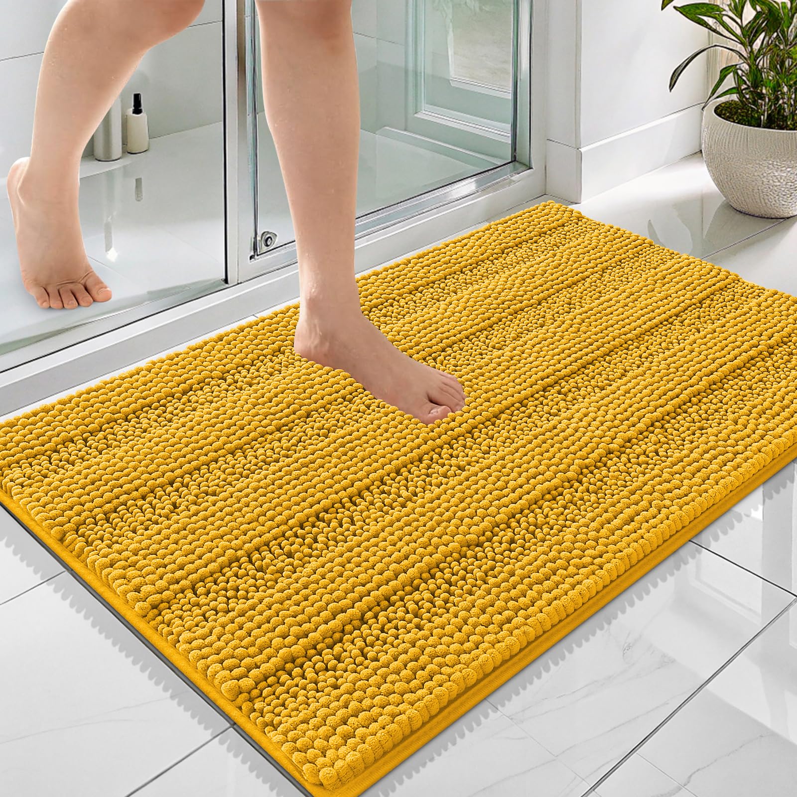 OLANLY Thick Bathroom Rugs 36x24, Chenille Striped Bath Rugs, Golden Yellow
