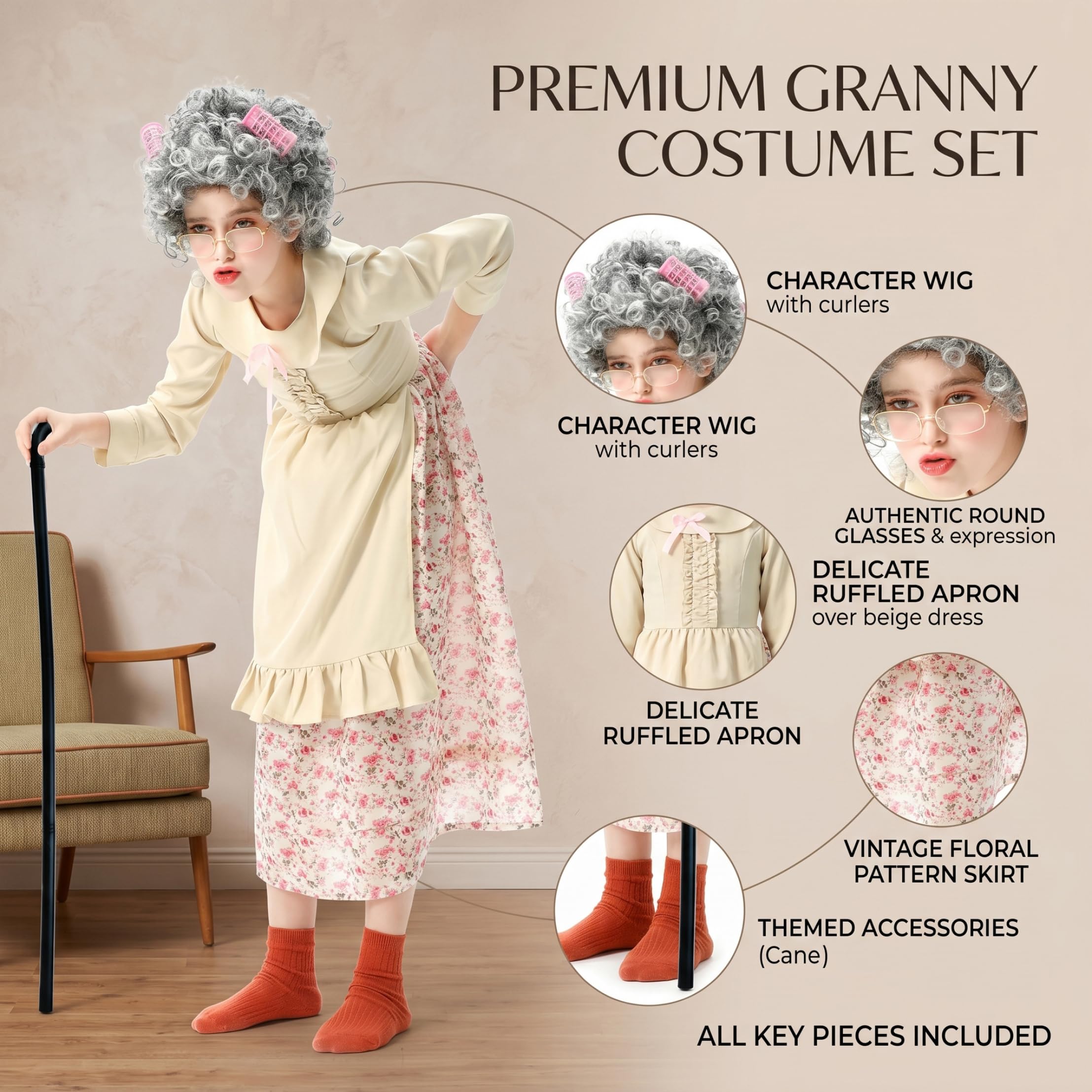Costume da vecchia signora per bambini, costume da nonna con vestito, grembiule e foulard, da 100 giorni di scuola