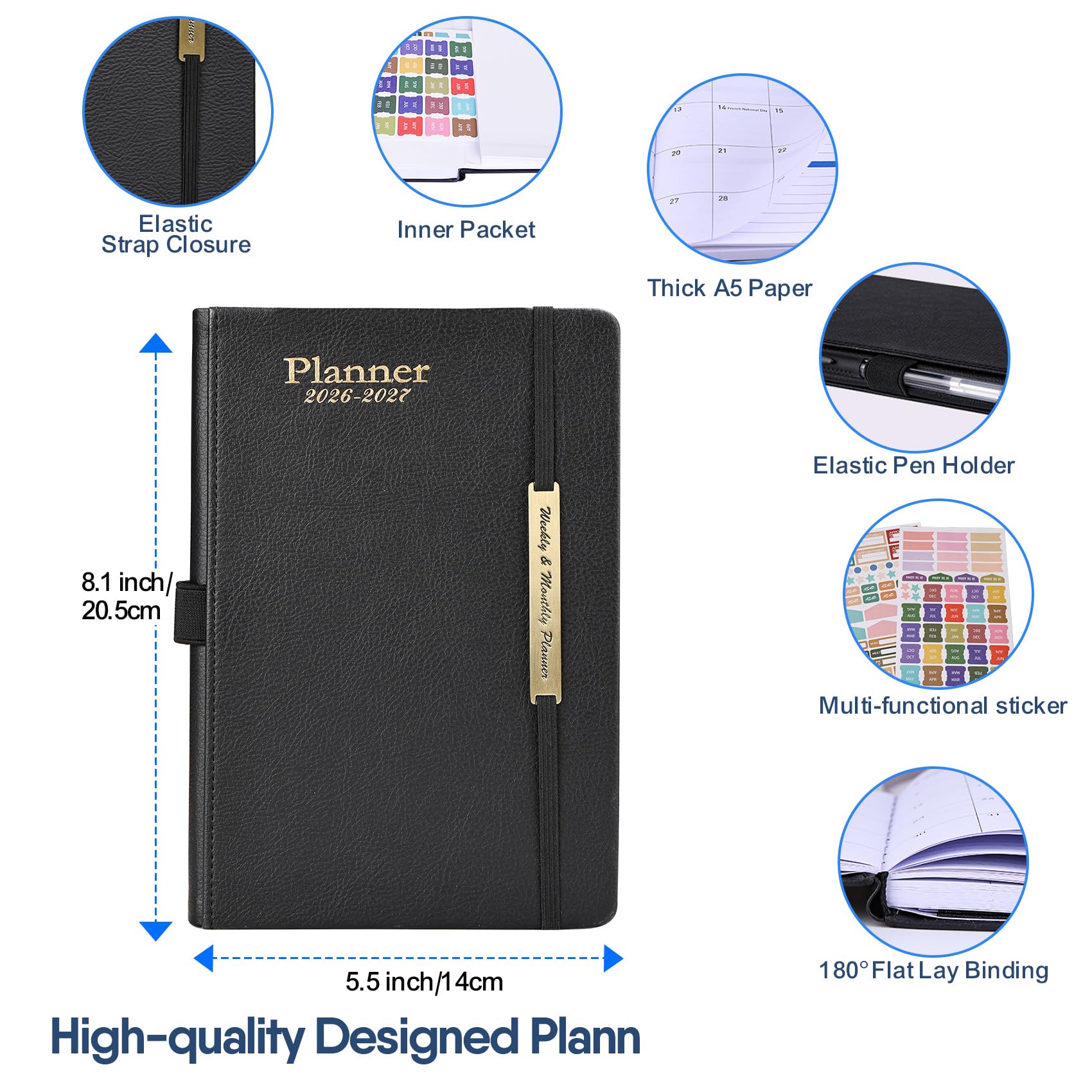 Samboo Agenda semanal y mensual A5 de 18 meses, con 100 páginas, para trabajo, planificación, estudio, viajes, dibujo, bocetos y proyectos, 5.5 x 8.1 pulgadas, color negro