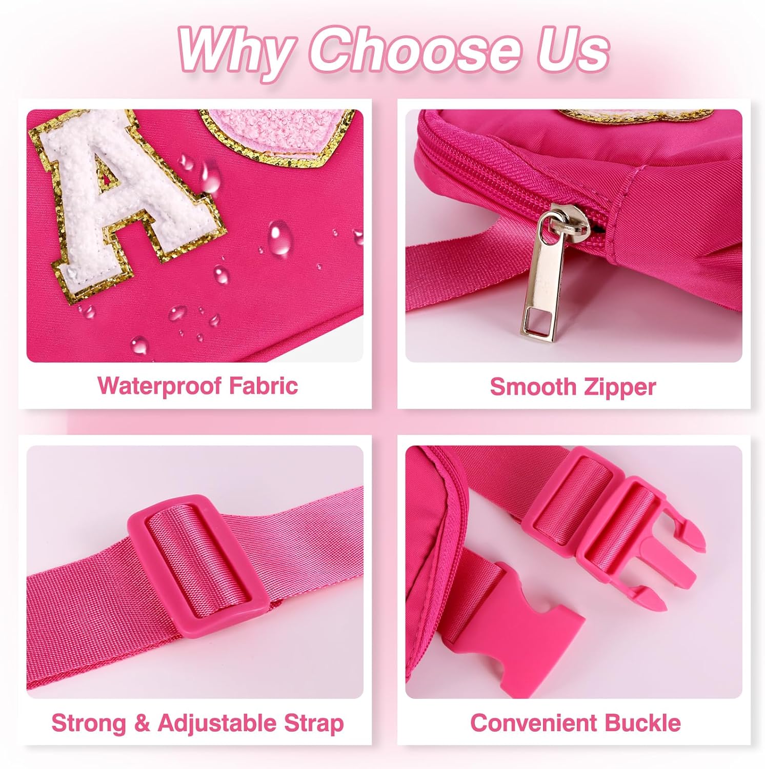 Personalized Belt Bag with Keychain, Fanny Pack for Girls Women, Initial Birthday Gifts for Teen Girls Mom Crossbody Bag Small Waist Packs Travel Essential Preppy Gifts (Hot Pink A) - Image 5