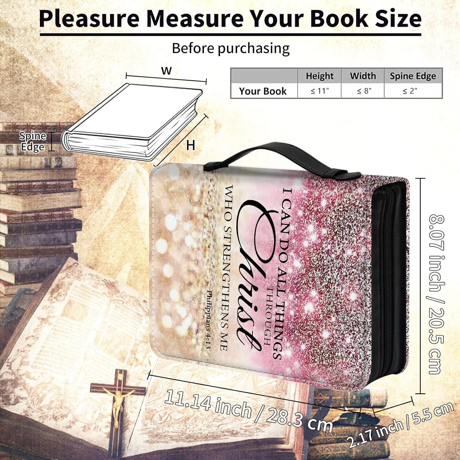 Bible Cover Case for Women Men,Large Leather Bible Case Fit Book Up to 11x8x2 Inch,I can do All Things Through Christ Bible Covers Bible Study Carrier Church Bags w/Handle Zipper - Image 4