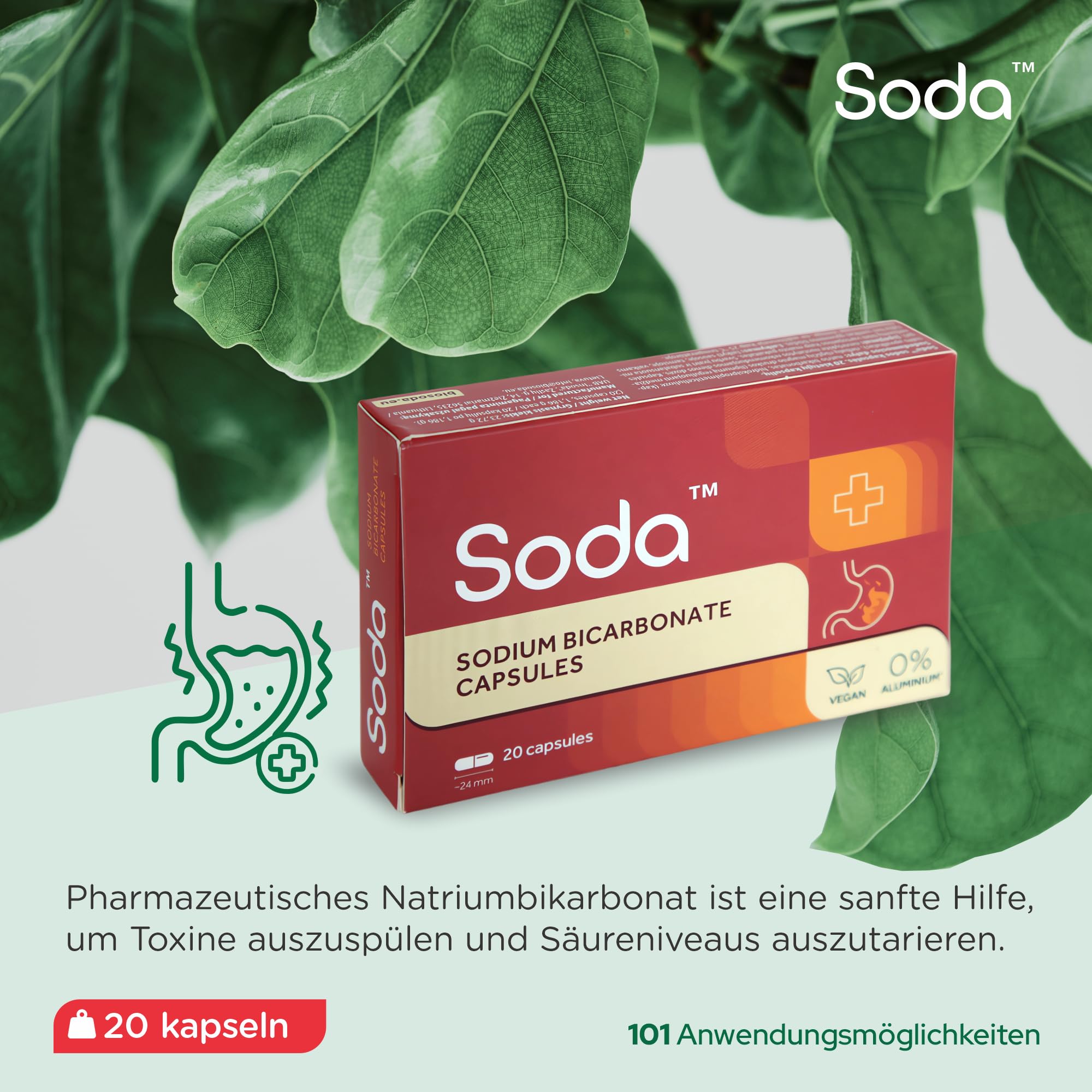 Natriumbicarbonat-Kapseln - 60 Kapseln (3 Packungen 20 Kapseln) - Körper pH-Balance, Magenprobleme, umweltfreundlich, tierfreundlich, Schönheitsprodukt, vegan. Von Soda™