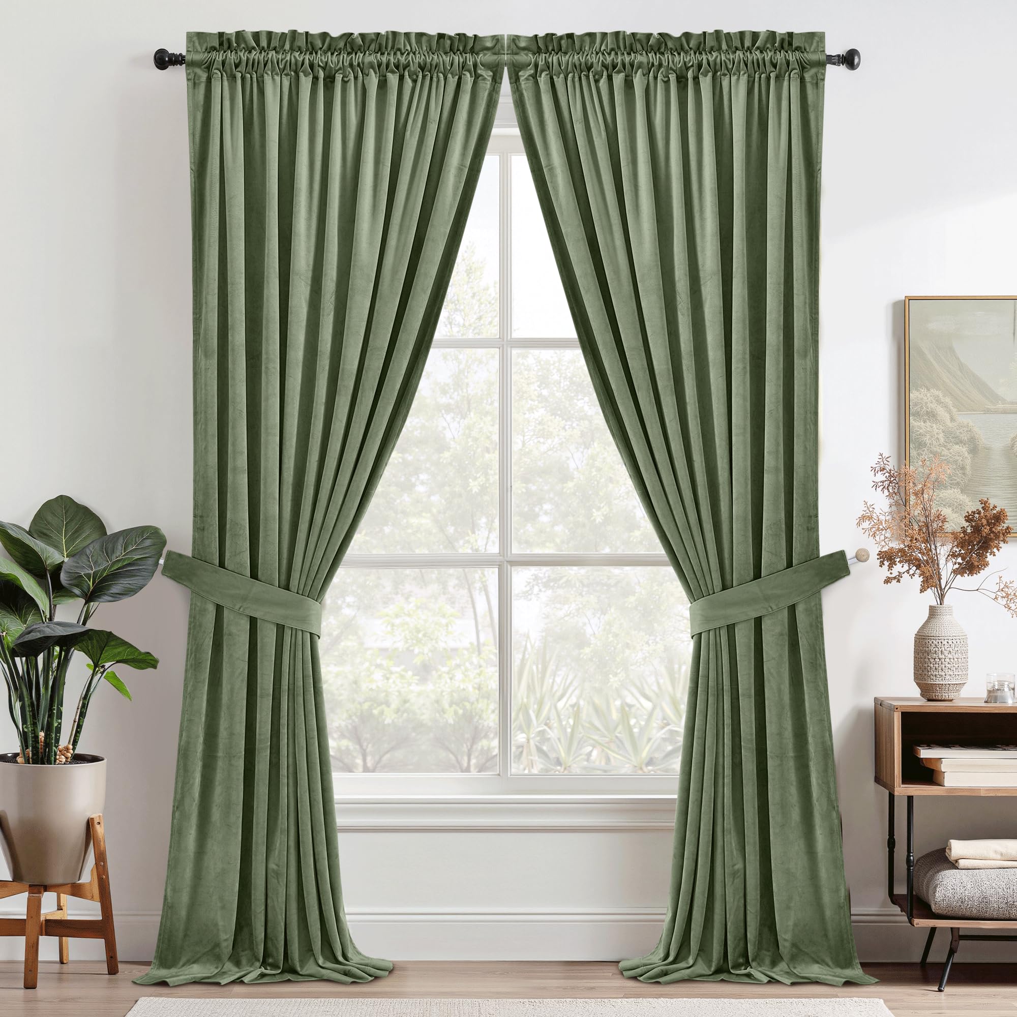 StangH Plush Velvet Curtains 2 Panels Rod Pocket Room Darkening Thermal Insulated Drapes for Nursery Bedroom Living Room 52" W x 84" L Sage Green - Image 2