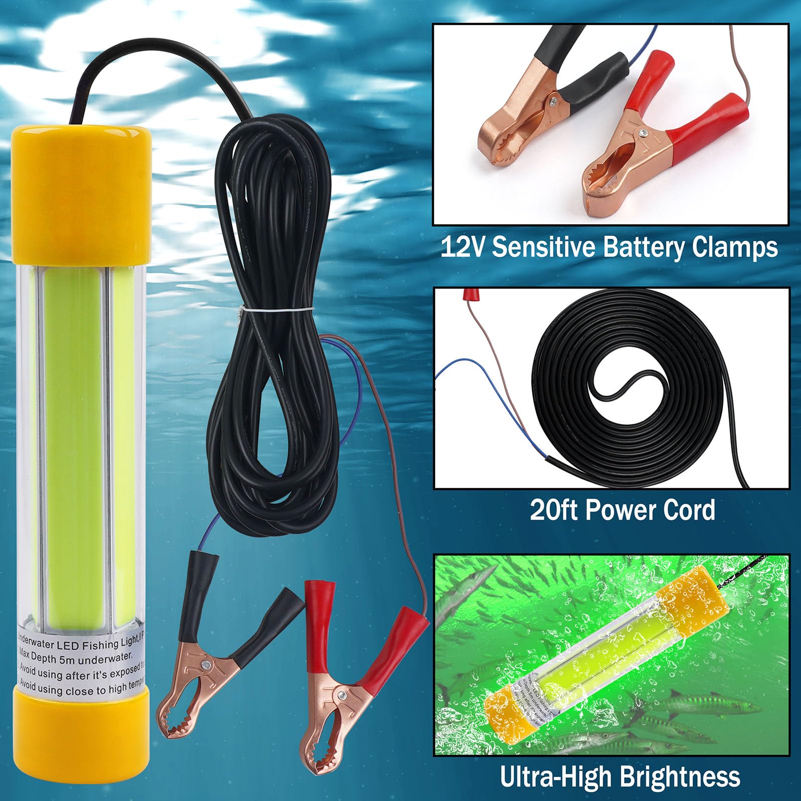 Green Underwater Fishing Light Super Bright 16000 Lumens 20W 12V LED Submersible Night Fishing Light Fish Bait Finder Attractor Docks Boats Lamp for Squid Shrimp Snook Bass Crappie Striper Catfish