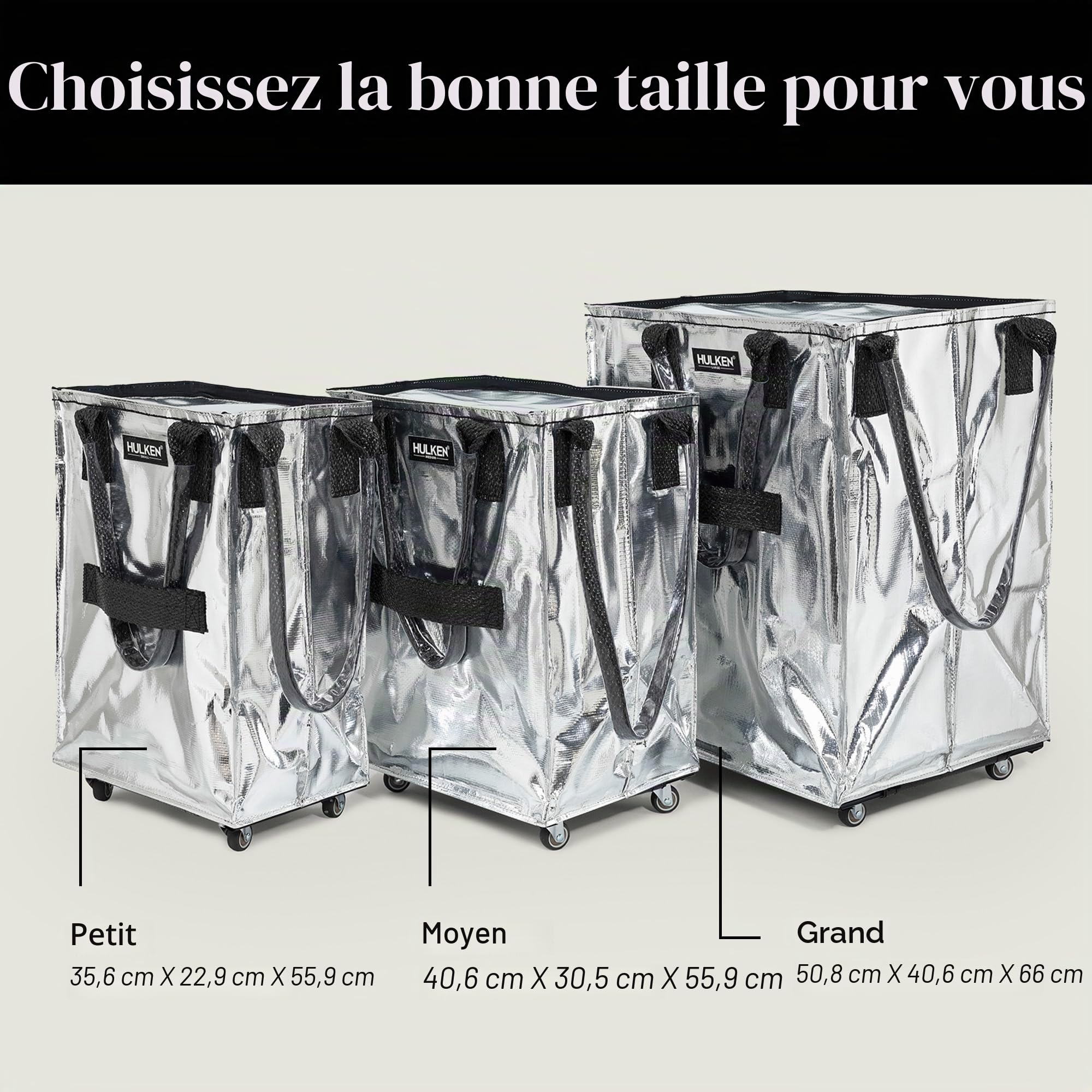 HULKEN - Chariot de courses argenté moyen pliable et réutilisable – Sac de courses à roulettes – Sac fourre-tout à roulettes – Limite de 29,9 kg, fermeture éclair, résistant à l'eau et poignées
