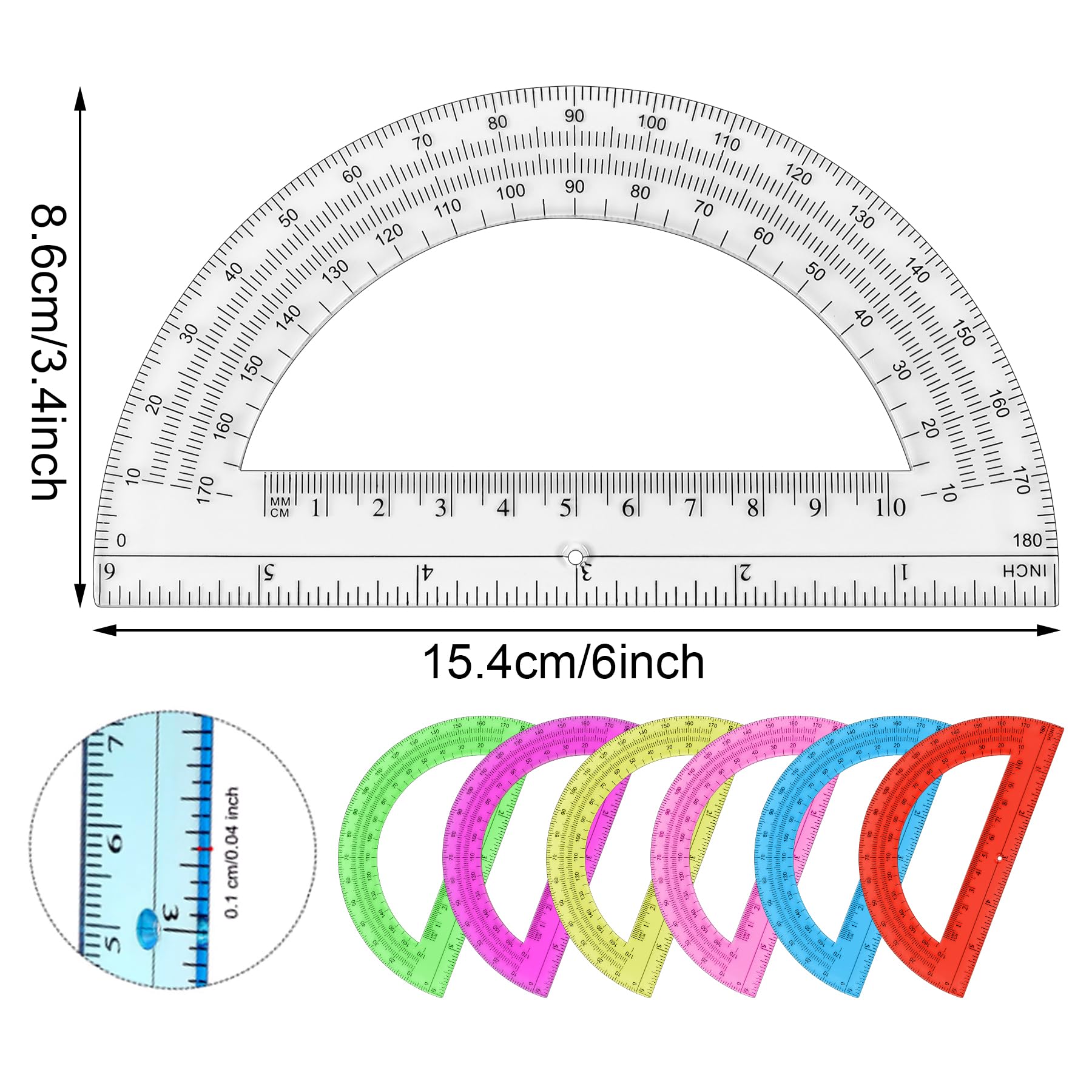 Unjoo Winkelmesser aus Kunststoff, 180 Grad, für Geometrie, Klassenzimmer, Studenten, Schule, Bürobedarf, 15,2 cm, 2 Stück (transparent)