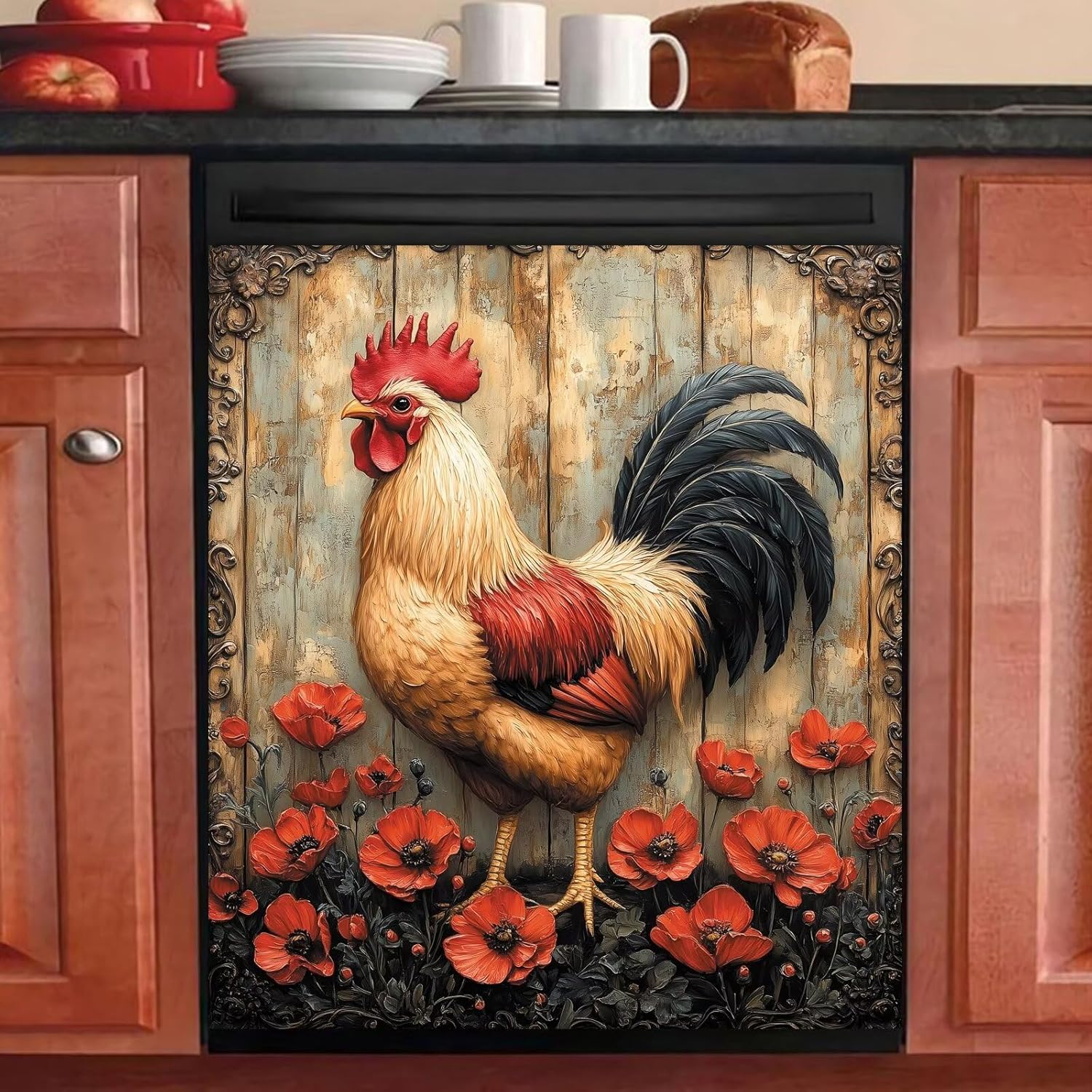 Generic Rustic Farmhouse Rooster Magnetic Dishwasher Cover,Red Poppy Flower Kitchen Decor Dishwasher Magnet Cover,Vintage Chicken Refrigerator Magnets Sticker Home Appliance Panel Decals,23Wx26H 12.03ds-stck-05 Magnet: 23Wx26H inch