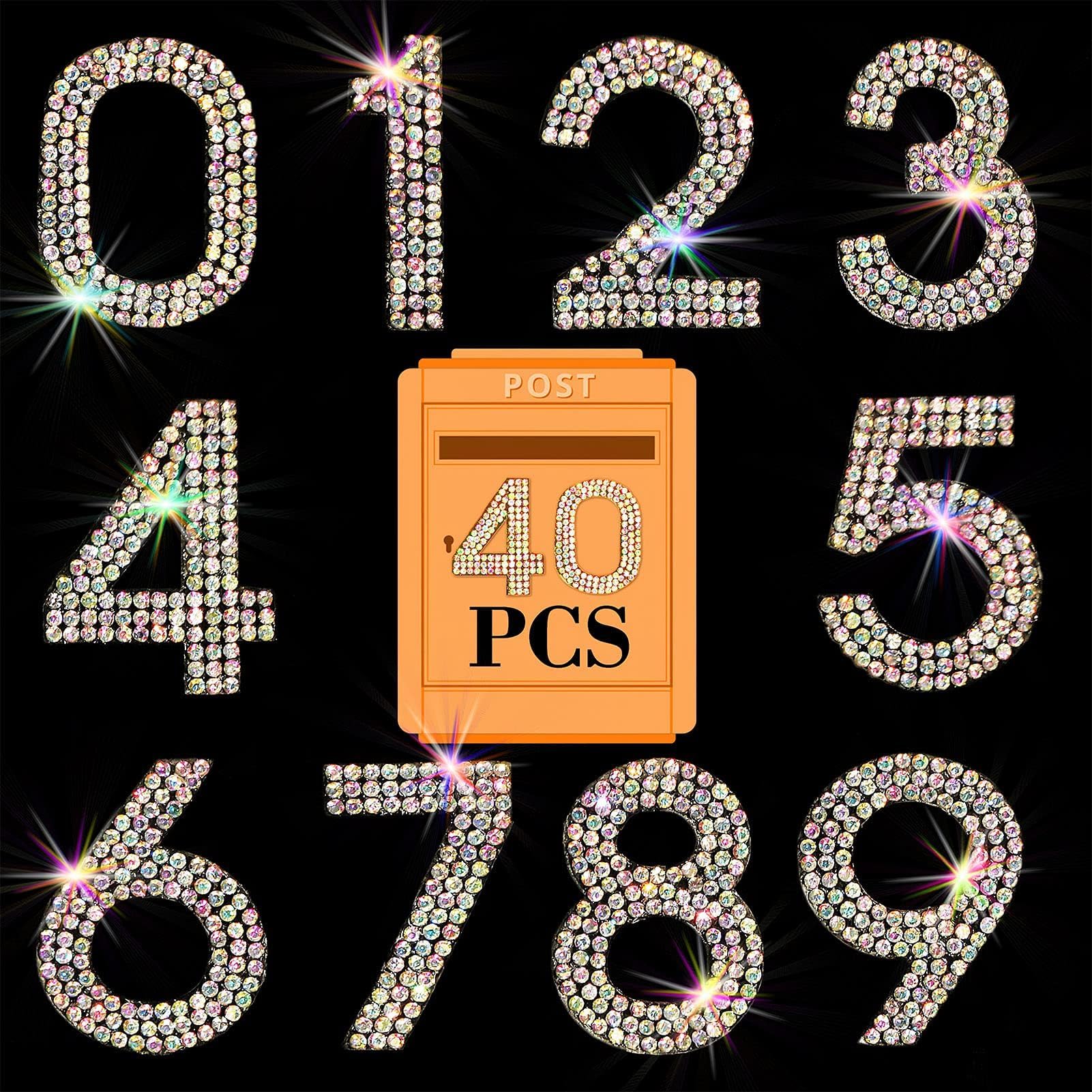 Locacrystal 40Pcs Bling Rhinestone Numbers Self-Adhesive Glitter Number Stickers for Mailbox Cars Doors Crafts 0-9 DIY Crystal Iron-on Numbers Patches for Clothing(Crystal AB,1.57")