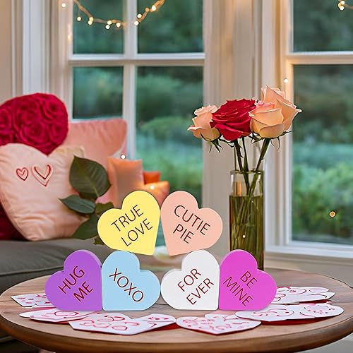 Miniatura 8 de Decoración del día de San Valentín, 6 letreros de corazón de madera con doble impresión para el hogar, mesa, bandeja escalonada, repisa, decoración
