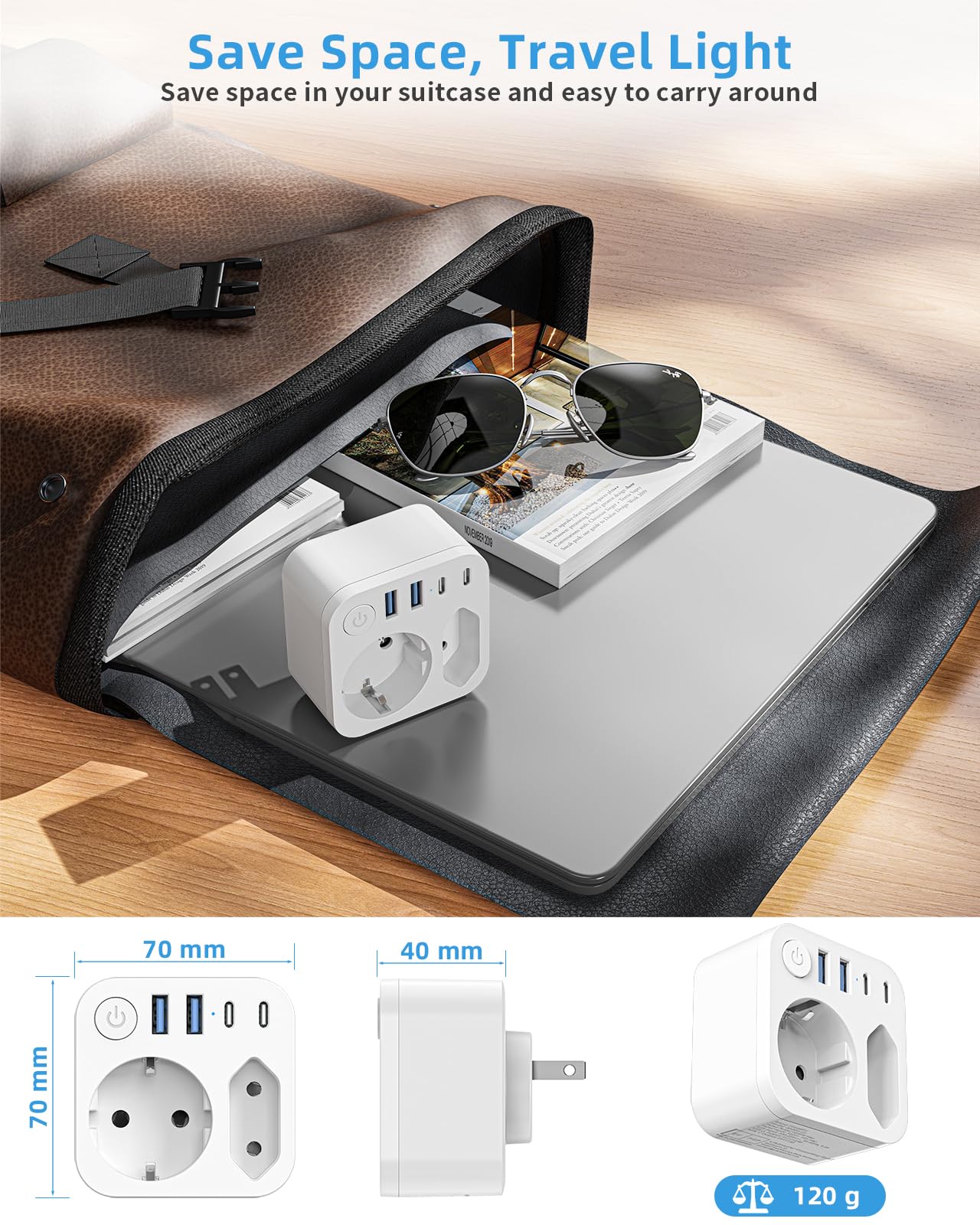 Connecteur de Voyage France Japon 4 Prises USB 2 USB-C Adaptateur Schuko Type A États-Unis Canada Blanc
