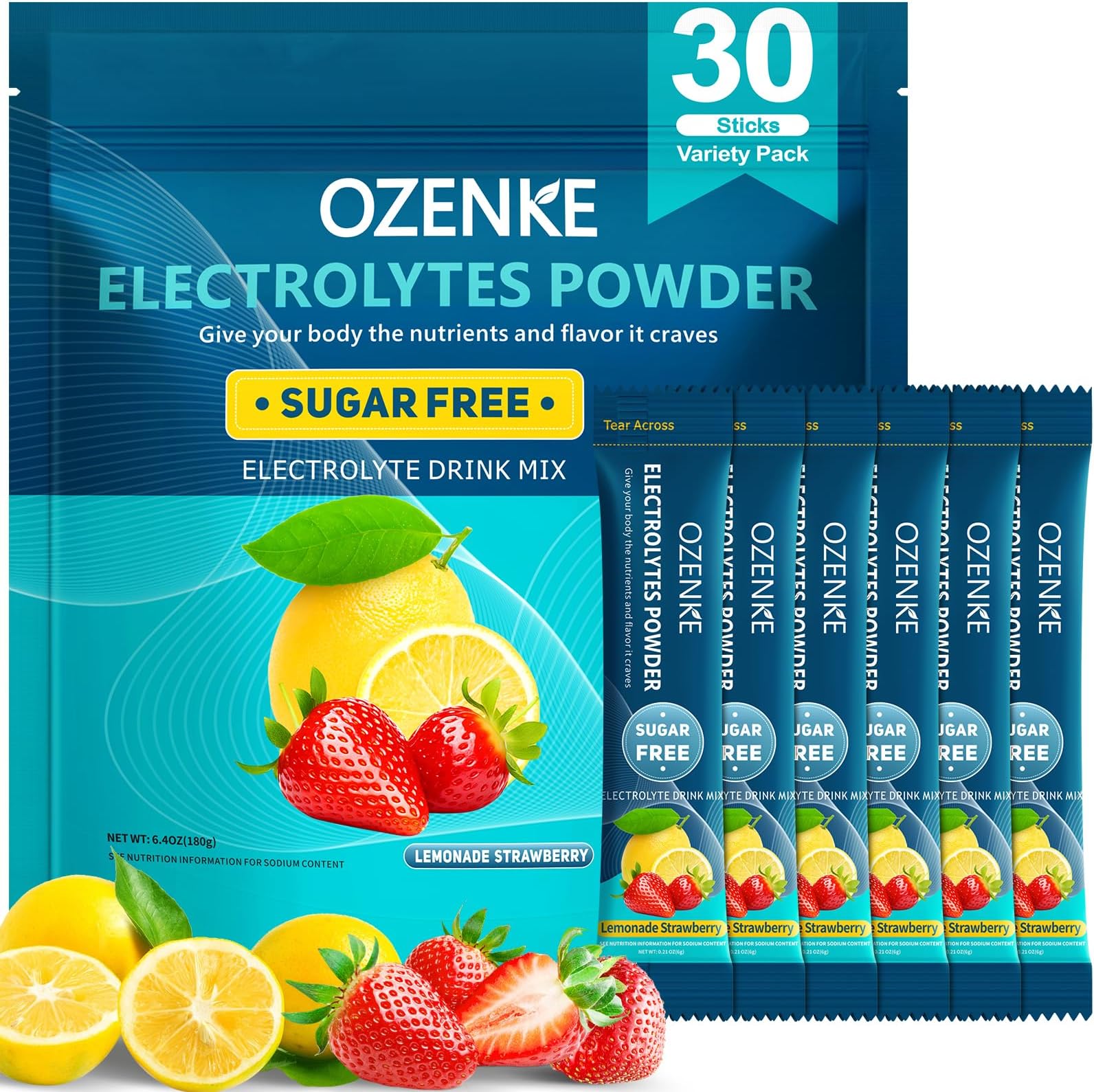 Electrolytes Powder Packets, 30 Sticks Hydration Packets Sugar Free, Electrolyte Drink Mix Portable Electrolyte Packet for Rapid Hydration, 0 Sugar & 0 Calorie, Lemon & Strawberry Flavor
