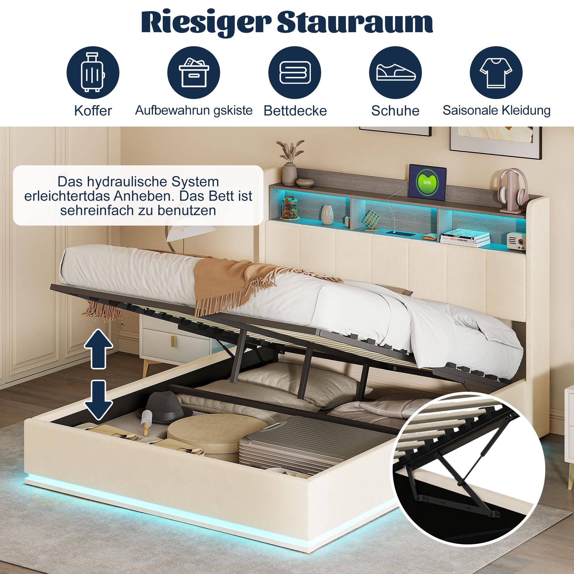 Cama doble tapizada de 140 x 200 cm con espacio de almacenamiento, cama de almacenamiento hidráulico, cabecero con LED y USB, estructura de cama de 140 x 200 cm, con somier y somier