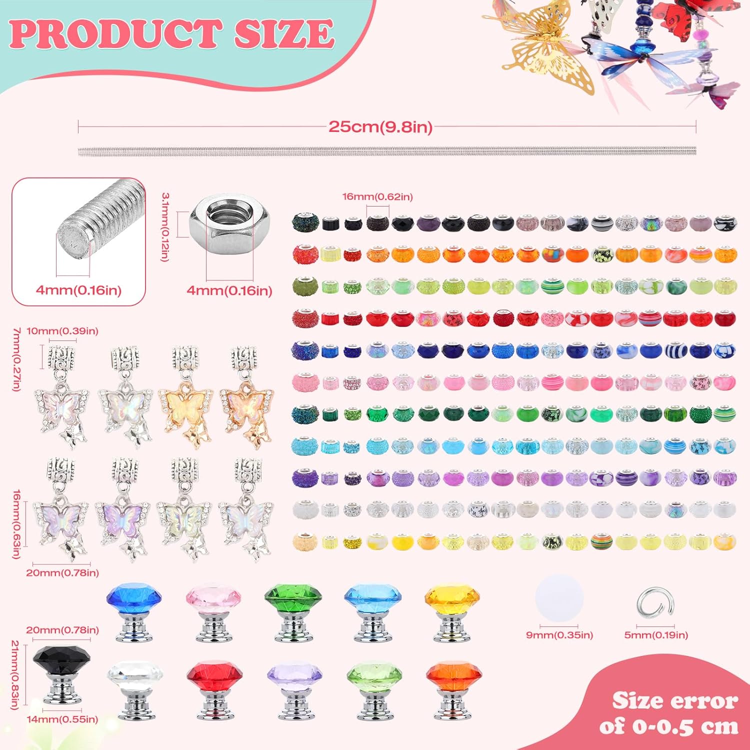 380Pcs Beaded Garden Stake, DIY Fairy Wand Beaded Decorative Butterfly Garden Stake Kit with 12IN Threaded Rod Crystal Stopper Top Large Holes Beads Butterfly Decoration Pendants Outdoor - Image 3