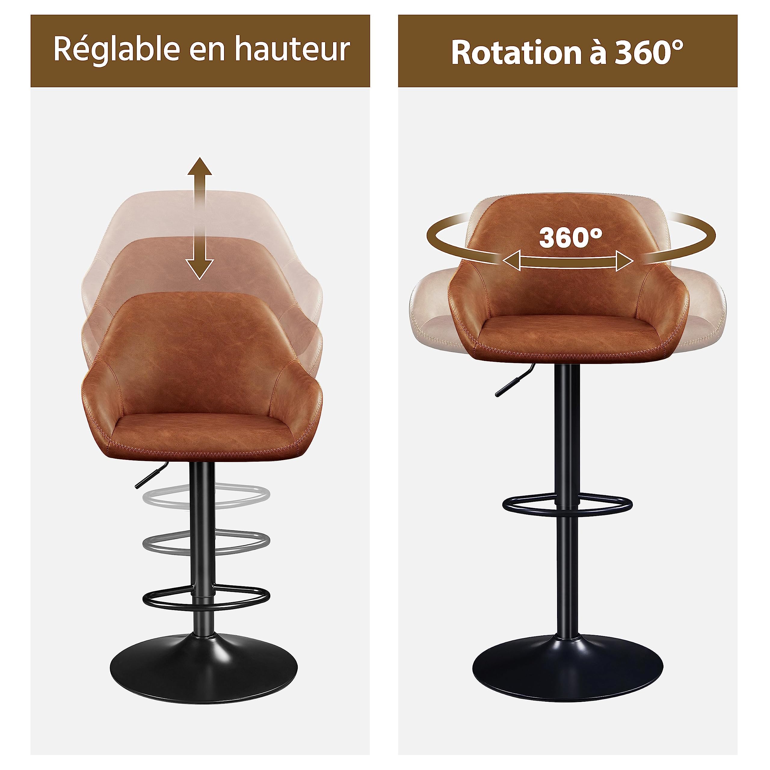 Yaheetech Tabourets de Bar Lot de 2 Pivotant Réglable en Hauteur Rotatif sur 360° Chaises de Bar avec Revêtement en Similicuir Tabourets Hauts avec Repose-Pieds Brun Rustique