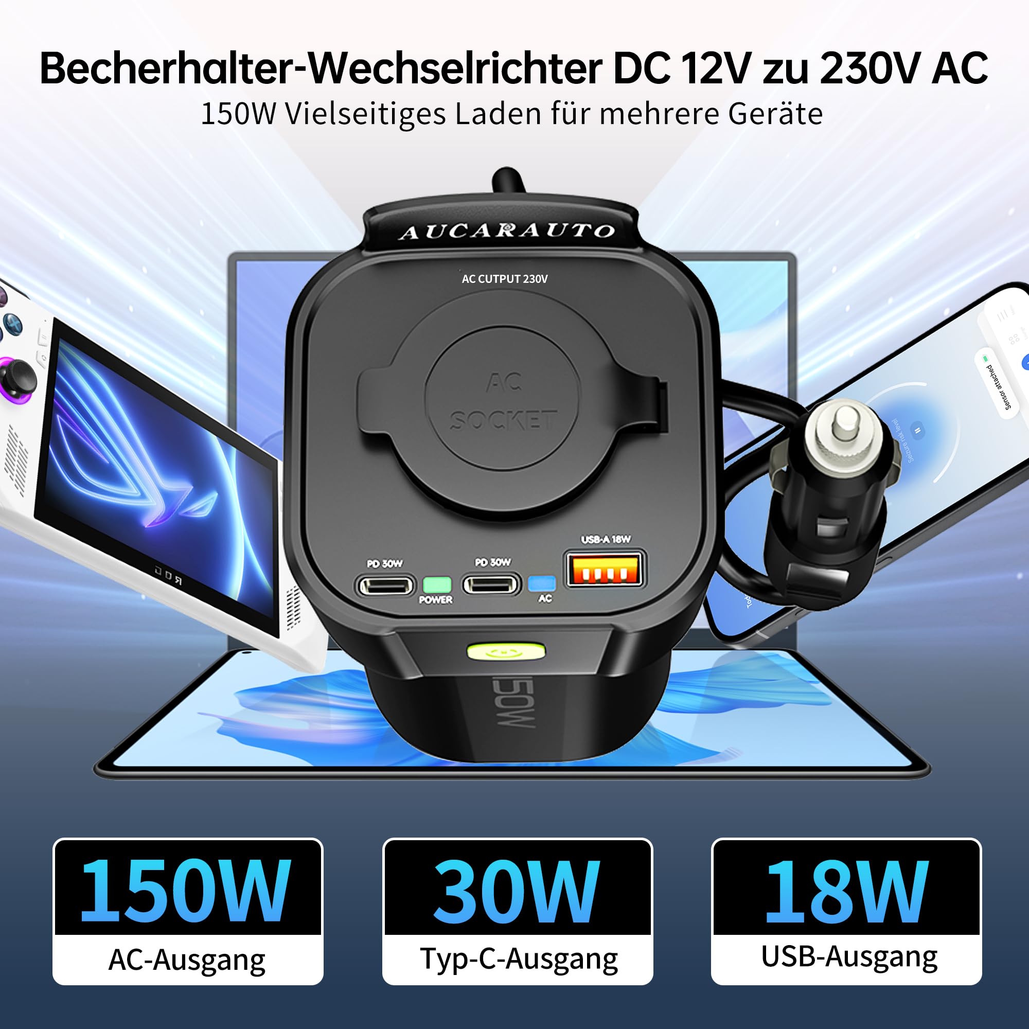 150W Spannungswandler, DC 12V zu 230V AC 5-in-1 Wechselrichter Getränkehalter Konverter mit 10A Zigarettenanzünder Steckdose, 2 USB-C 30W & 1 USB-A 18W Ladeanschlüsse - Schwarz