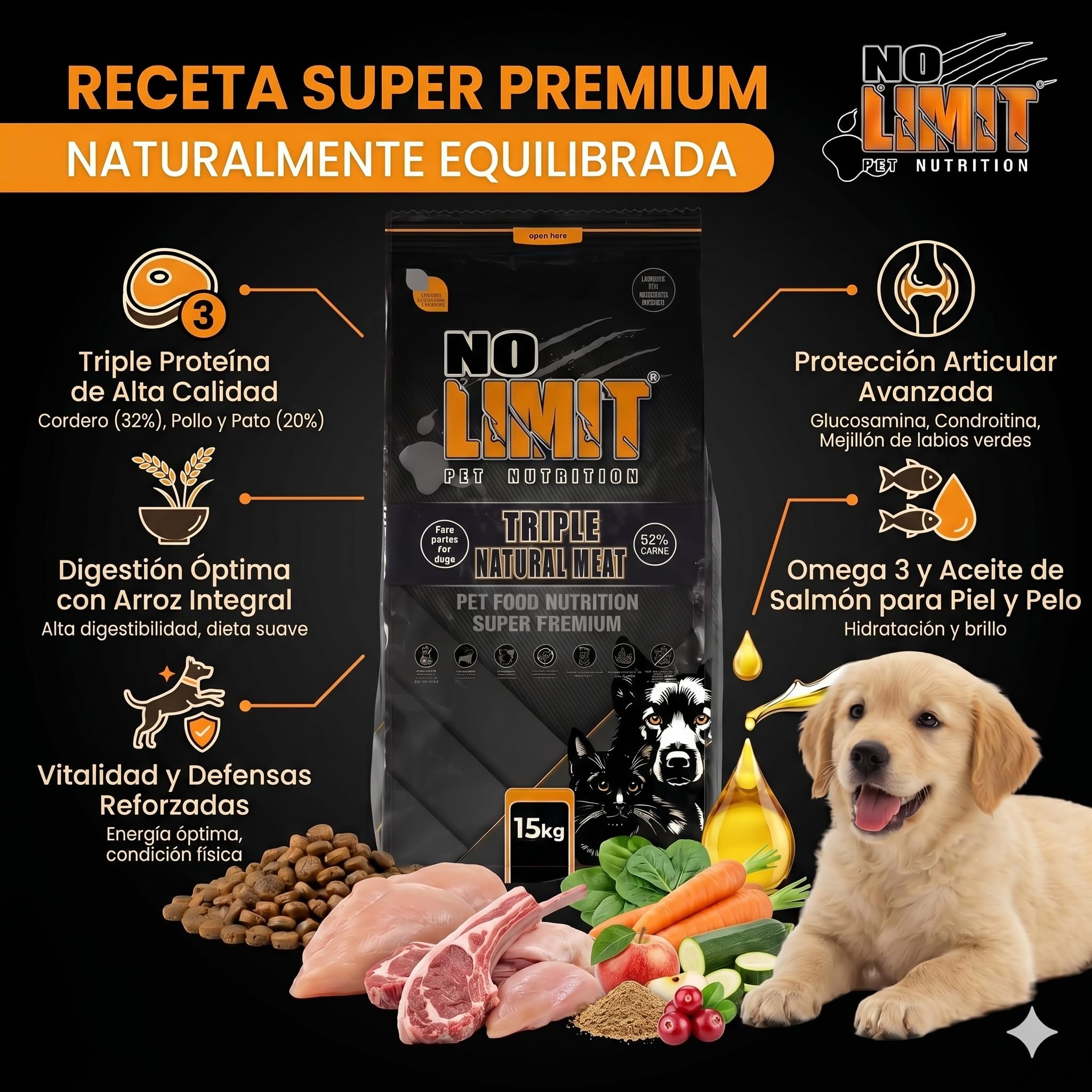 NO Limit Triple Natural Meat Pienso para Perros 15kg – Cordero, Pollo y Pato con Omega 3 – Comida Natural para Perros Adultos – Dog Food Premium para Digestión, Articulaciones y Vitalidad