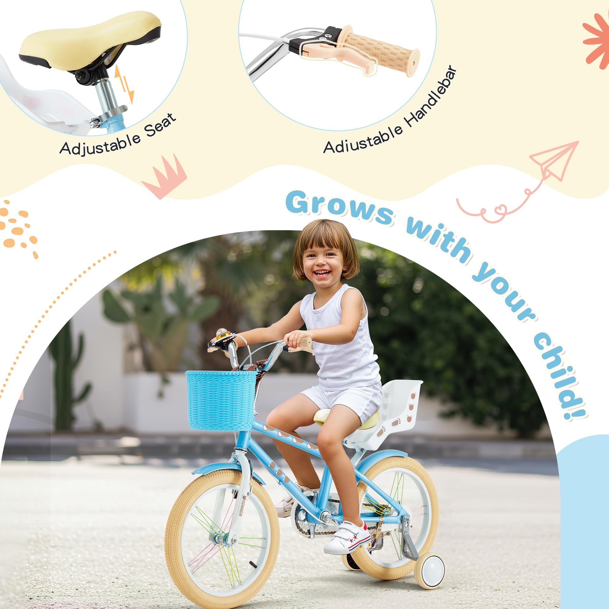 Kids Bike for Girls Boys Ages 3-12 Years, 12 14 16 Inch Kids Bike with Training Wheels, Streamers, Basket and Doll Seat, Children Bicycles with Dual Brake System, Multiple Colors