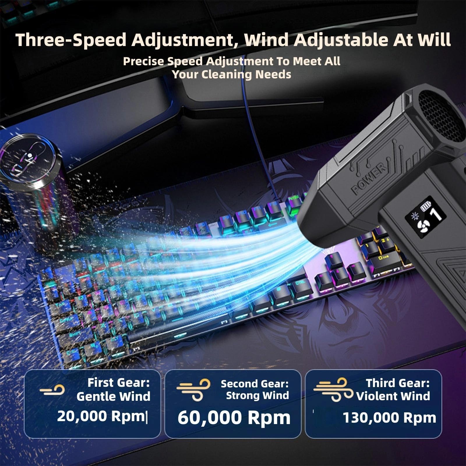 Spolverino elettrico ricaricabile USB da 130000 giri/min con batteria da 8000 mAh e turbine ad alta potenza per una forte pulizia del computer