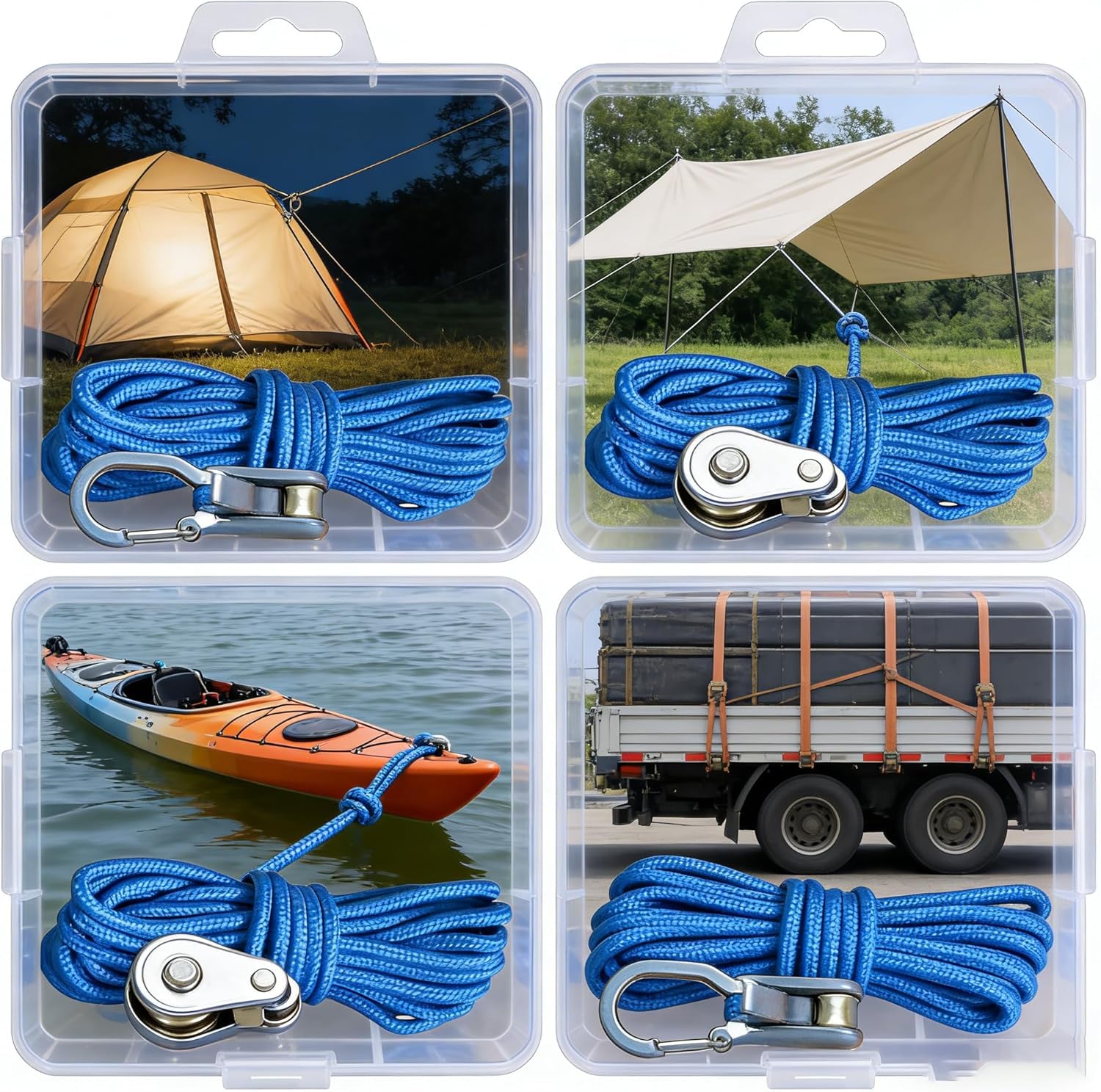 Rope Roller Cam Lock Tensioner, corde avec tensioner à rouleau pour typage facile et sûr, outil de camping et de bateau avec boucle de verrouillage, ajusteur de tie-tire-bas d'extérieur (2 cordes et 6