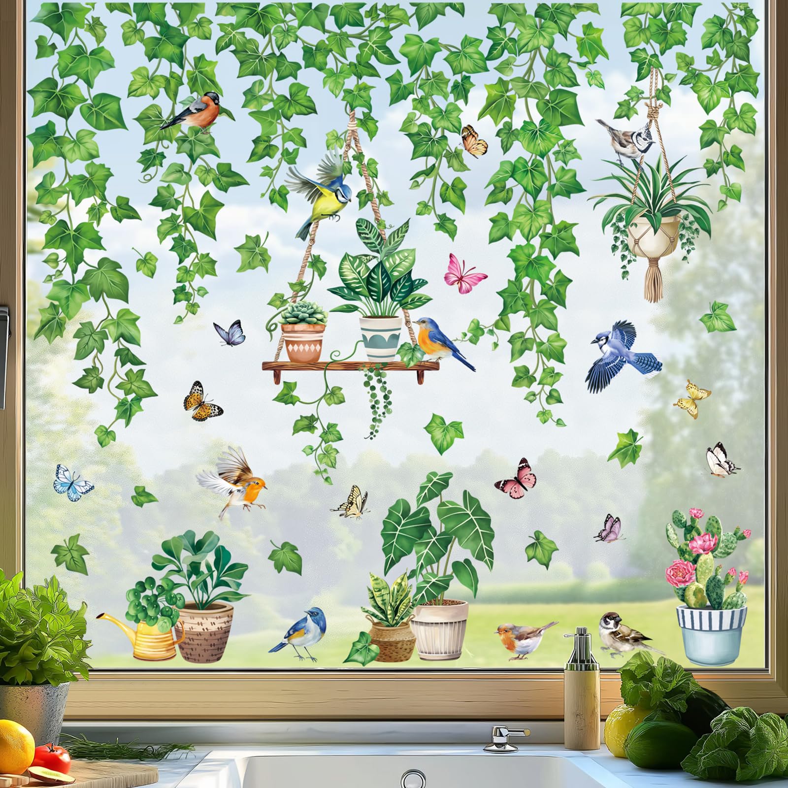 wondever Stickers Fenetre Plante en Pot Autocollant Fenêtre Feuilles Tropicales Vertes Oiseaux Electrostatique Anti-Collision Décoration pour Printemps Été Vitre Stickers