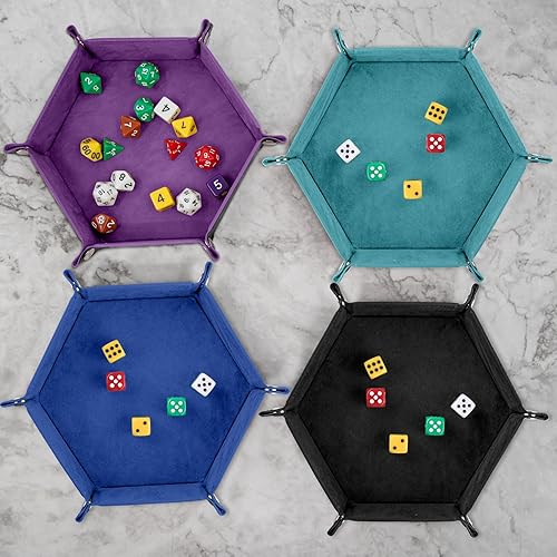 Miniatura 6 de SIQUK 4 bandejas de dados portátiles hexagonales, de piel sintética, para juegos de dados como RPG, DND y otros juegos de mesa (negro, cian,