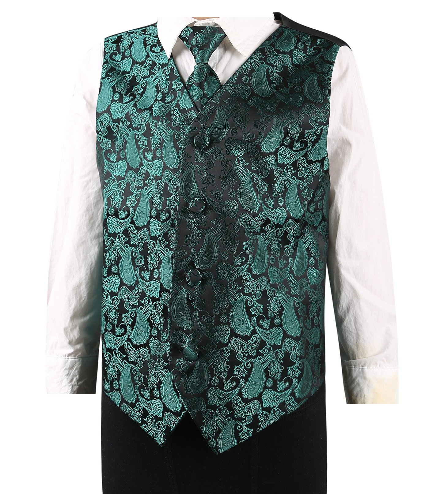 L&L® Kid Children Boy Paisley Design Waistcoat Vest and Tie Handkerchief Set for Suit (7-9 Years Old, Dark Green)