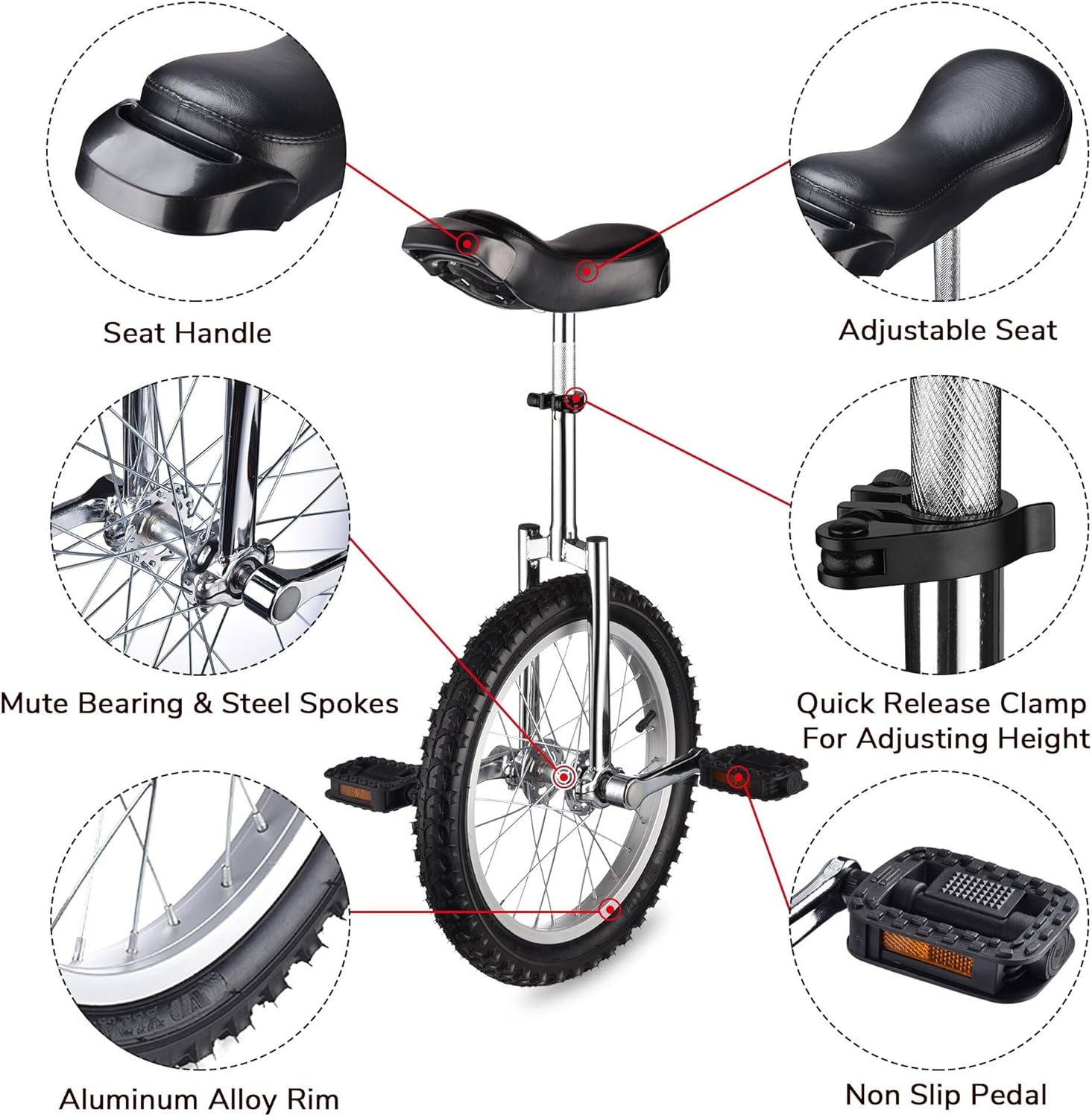 WinSpin 16" - 24" Wheel Unicycle Leakproof Butyl Tire Wheel Cycling Outdoor Sports Fitness Exercise Health Silver