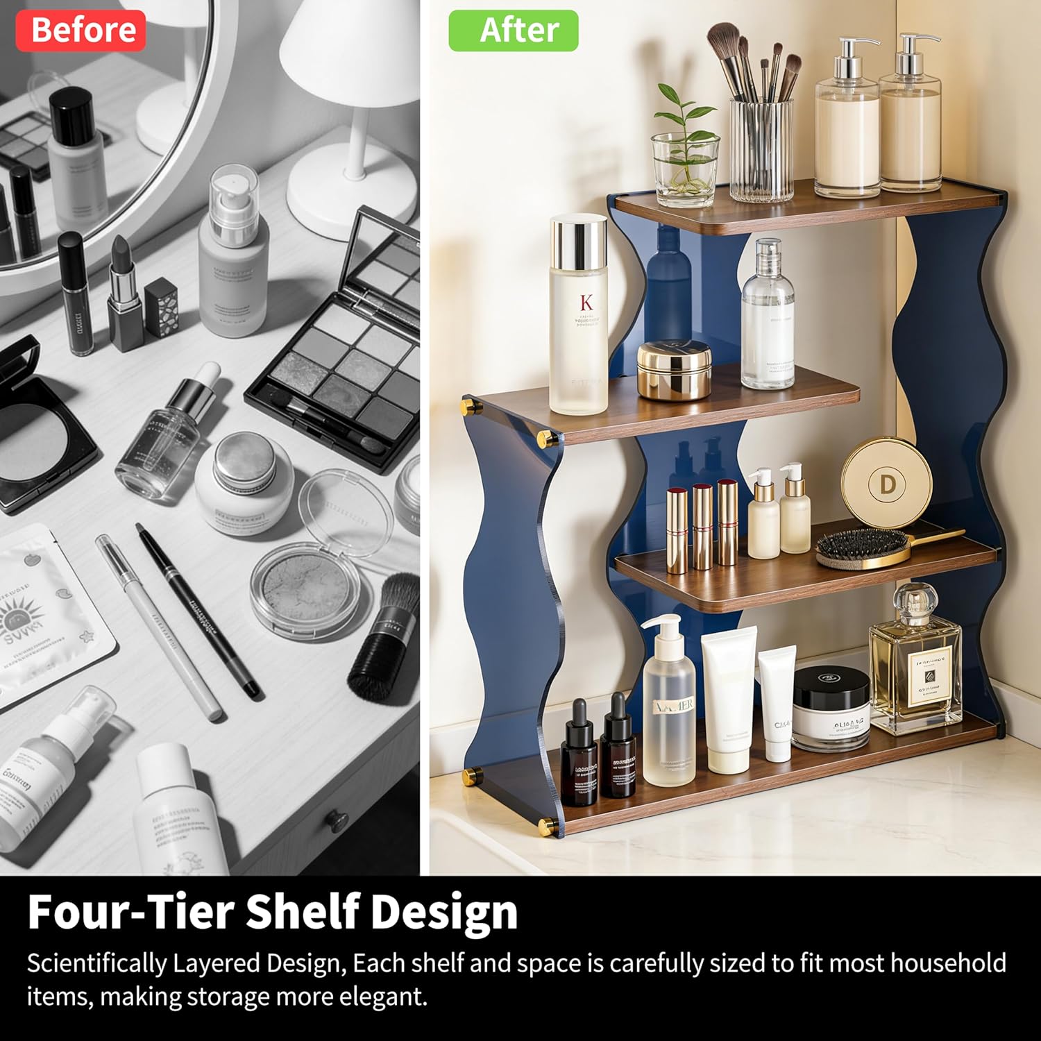 Acrylic Wave Perfume Organizer Shelf, 4-Tier Wood & Acrylic Desk Shelf Display for Perfume Storage, Modern Bathroom Counter Organizer for Cosmetics, Mugs and Small Decor