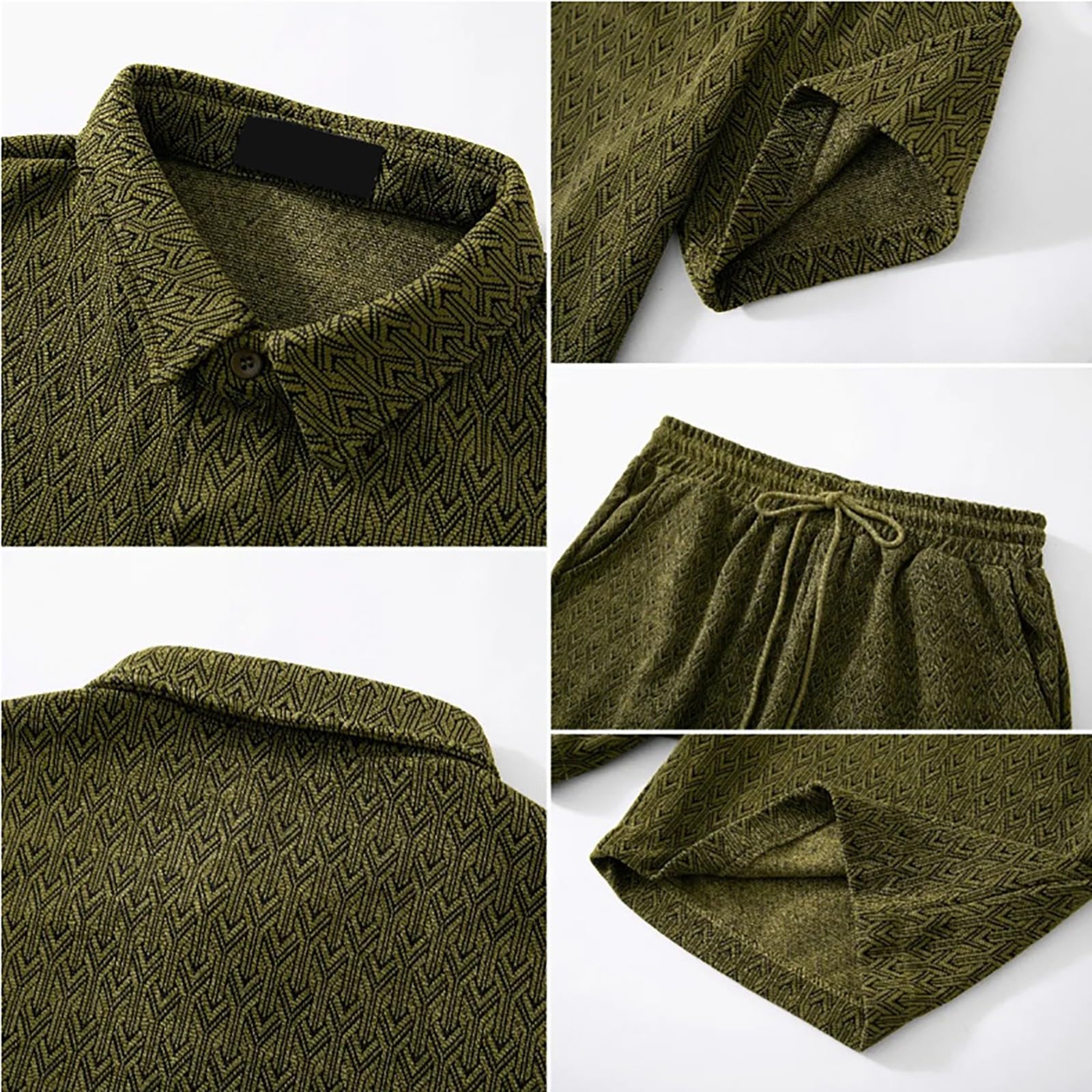 Tuta estiva da uomo, 2 pezzi, traspirante, con bottoni, con pantaloncini, leggera, per il tempo libero, con colletto a risvolto, due pezzi, in jacquard, da spiaggia